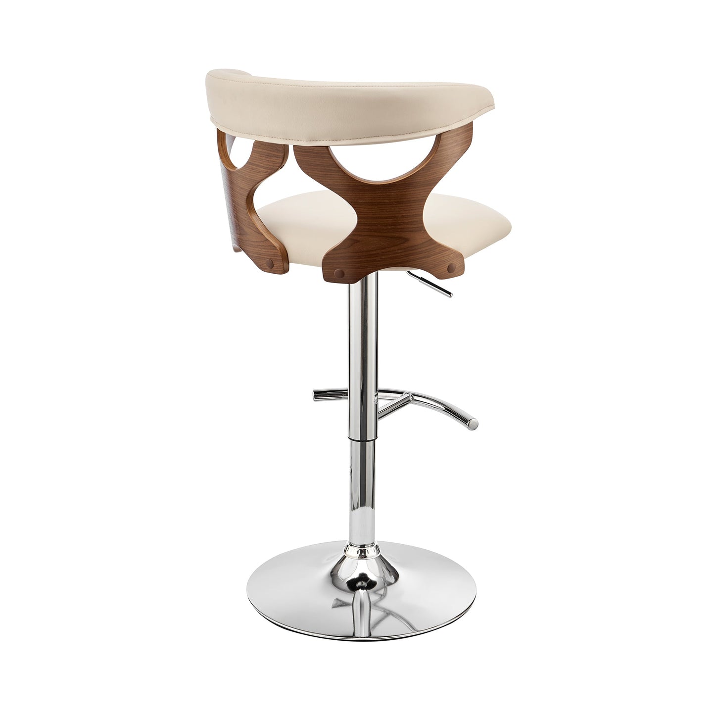 Ruth Adjustable Swivel Cream Faux Leather and Walnut Wood Bar Stool with Chrome Base