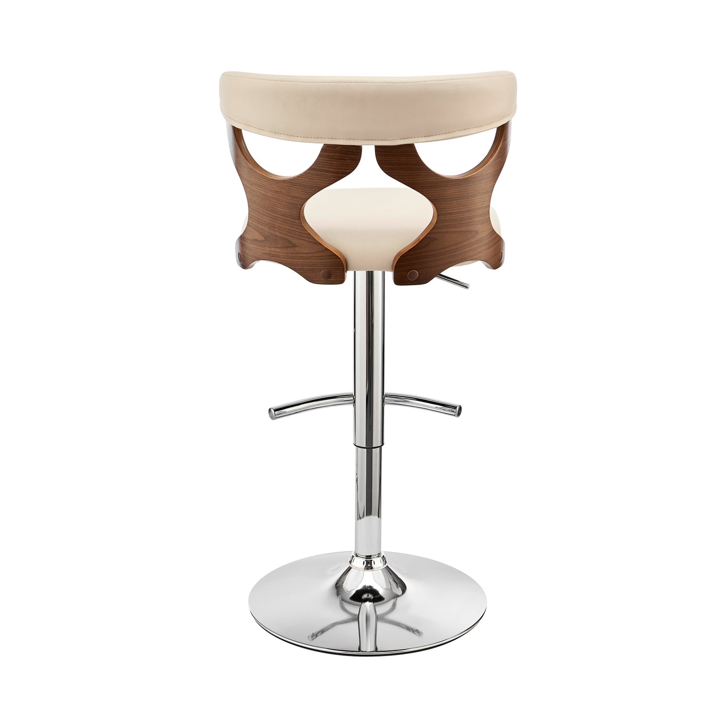 Ruth Adjustable Swivel Cream Faux Leather and Walnut Wood Bar Stool with Chrome Base