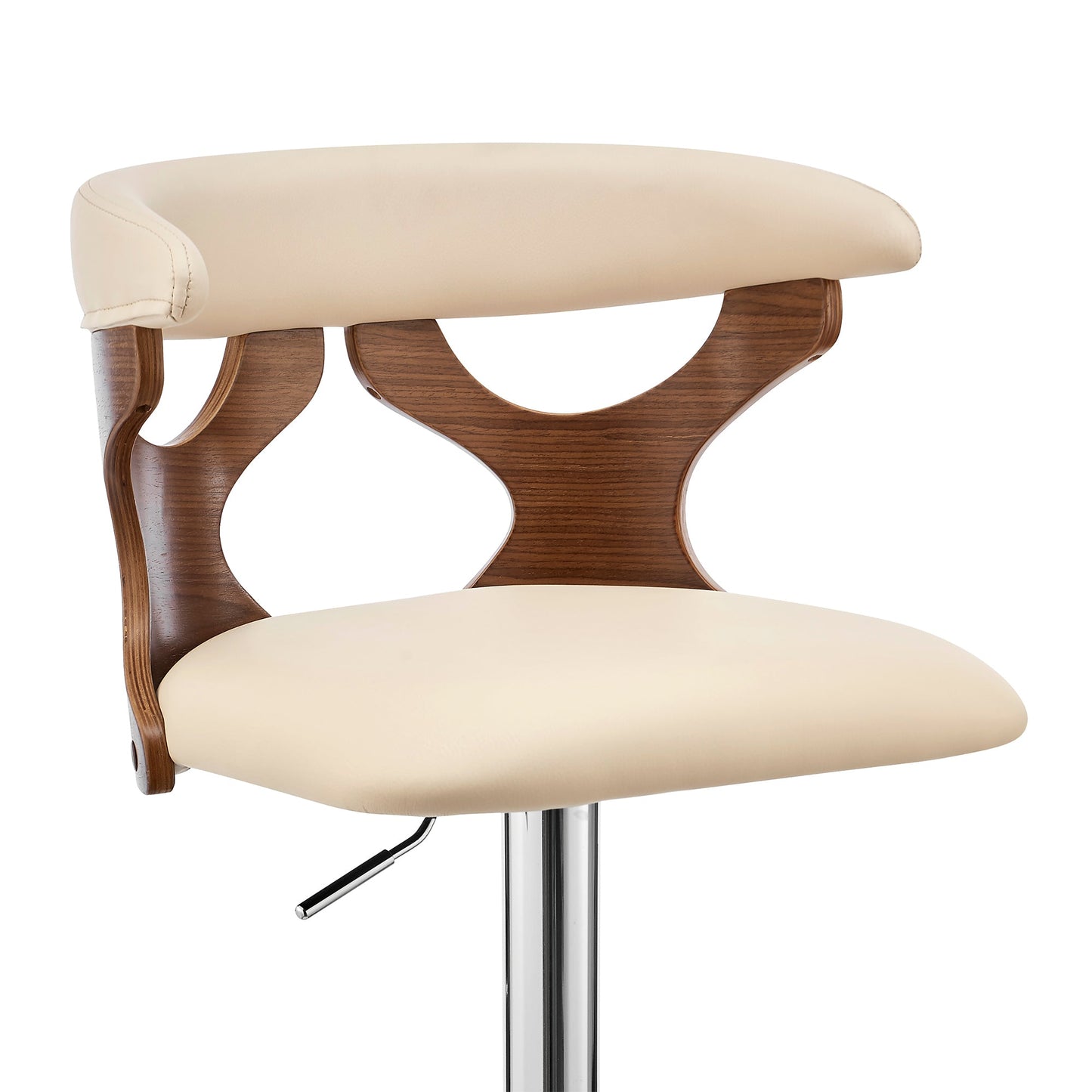 Ruth Adjustable Swivel Cream Faux Leather and Walnut Wood Bar Stool with Chrome Base