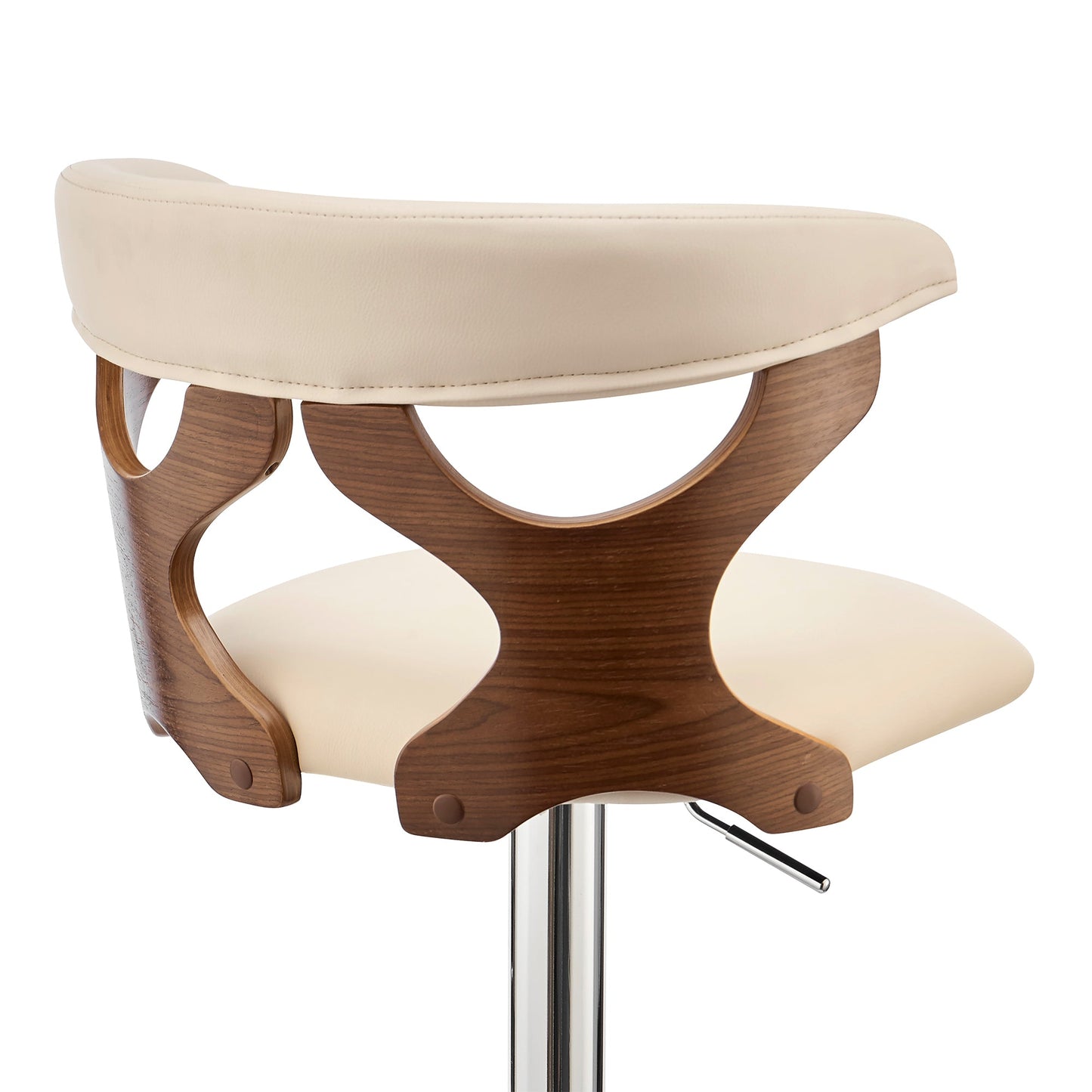 Ruth Adjustable Swivel Cream Faux Leather and Walnut Wood Bar Stool with Chrome Base