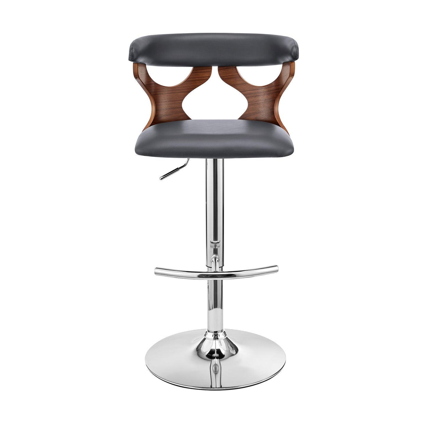 Ruth Adjustable Swivel Gray Faux Leather and Walnut Wood Bar Stool with Chrome Base