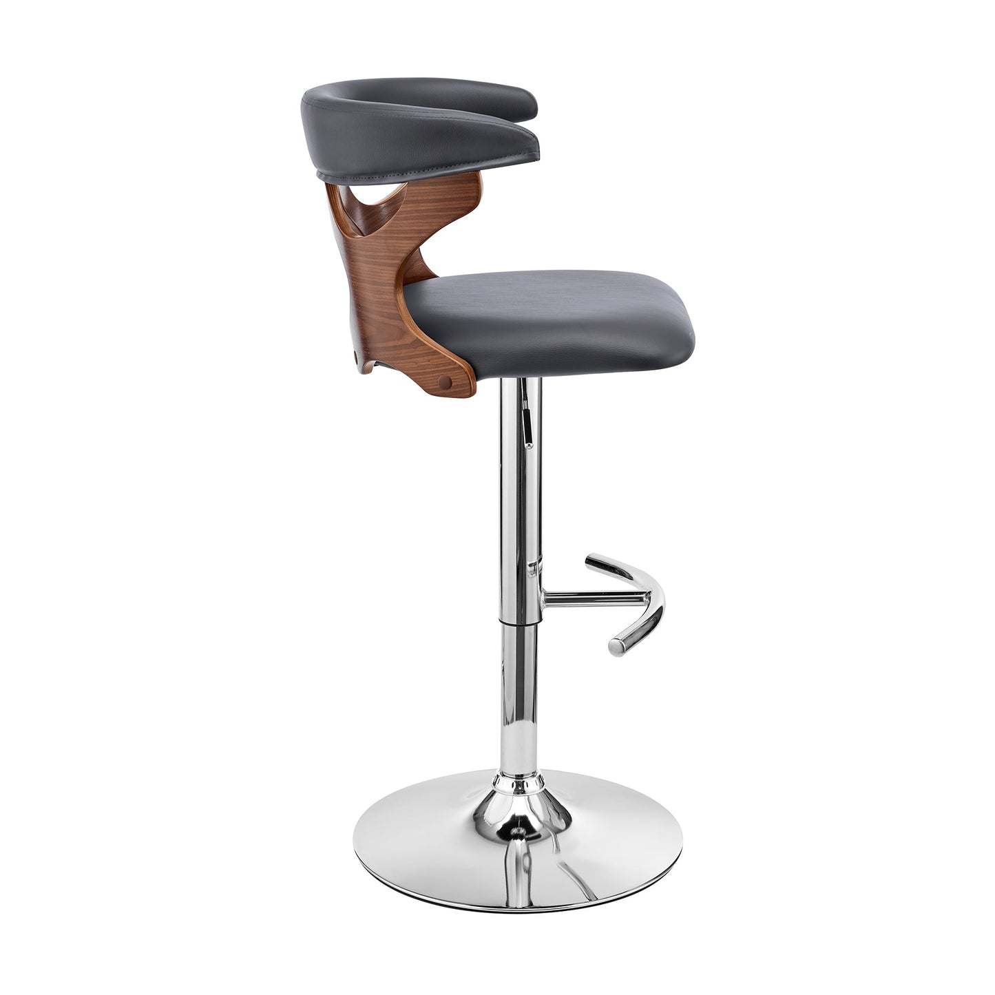 Ruth Adjustable Swivel Gray Faux Leather and Walnut Wood Bar Stool with Chrome Base