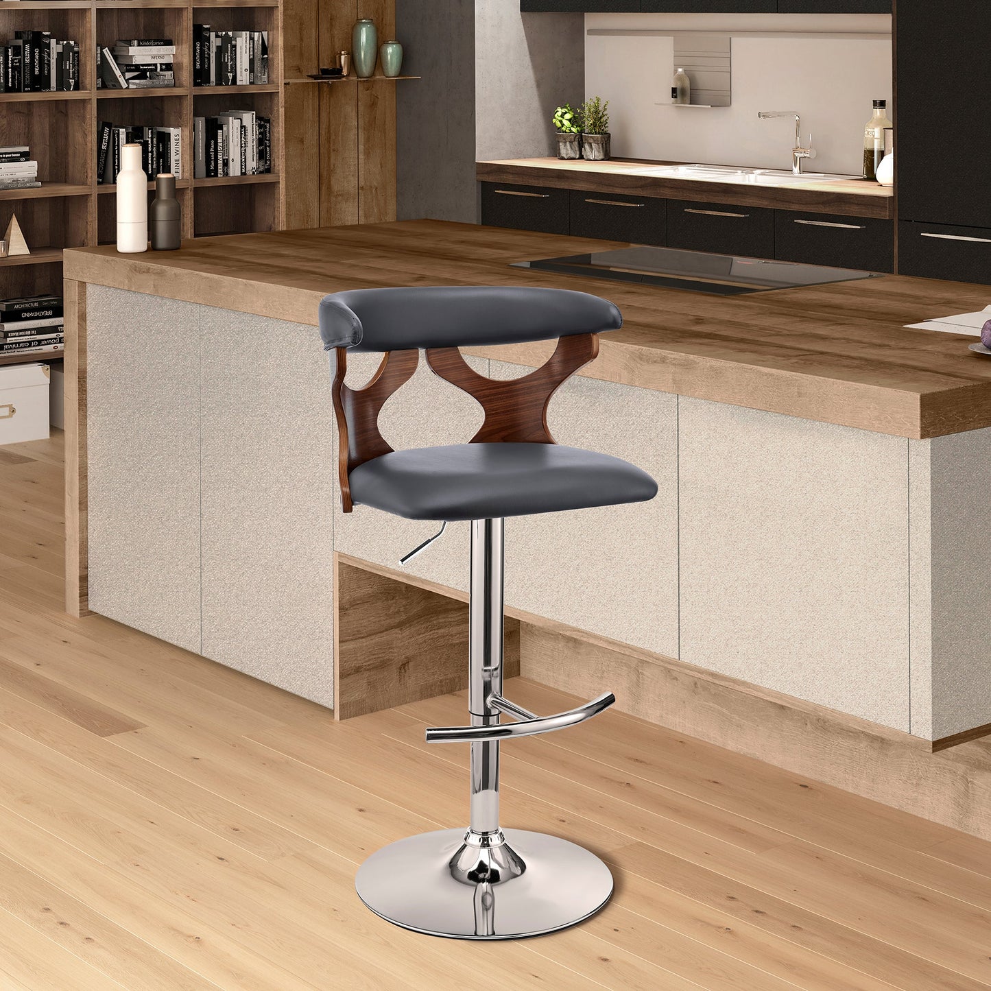 Ruth Adjustable Swivel Gray Faux Leather and Walnut Wood Bar Stool with Chrome Base