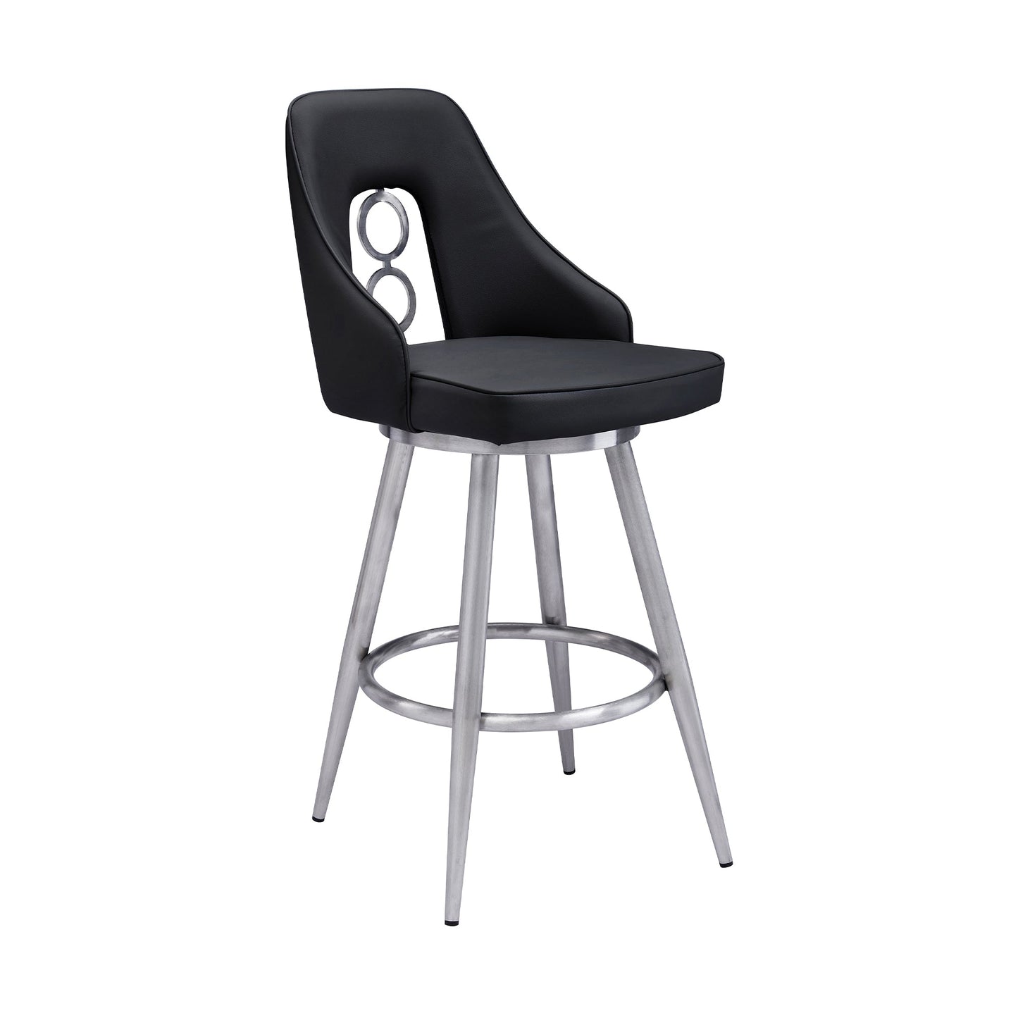 Ruby 26" Counter Height Swivel Black Faux Leather and Brushed Stainless Steel Bar Stool