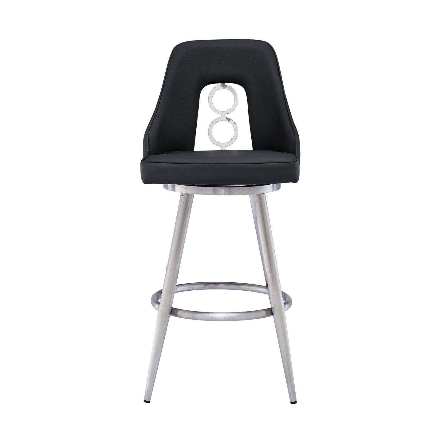 Ruby 26" Counter Height Swivel Black Faux Leather and Brushed Stainless Steel Bar Stool