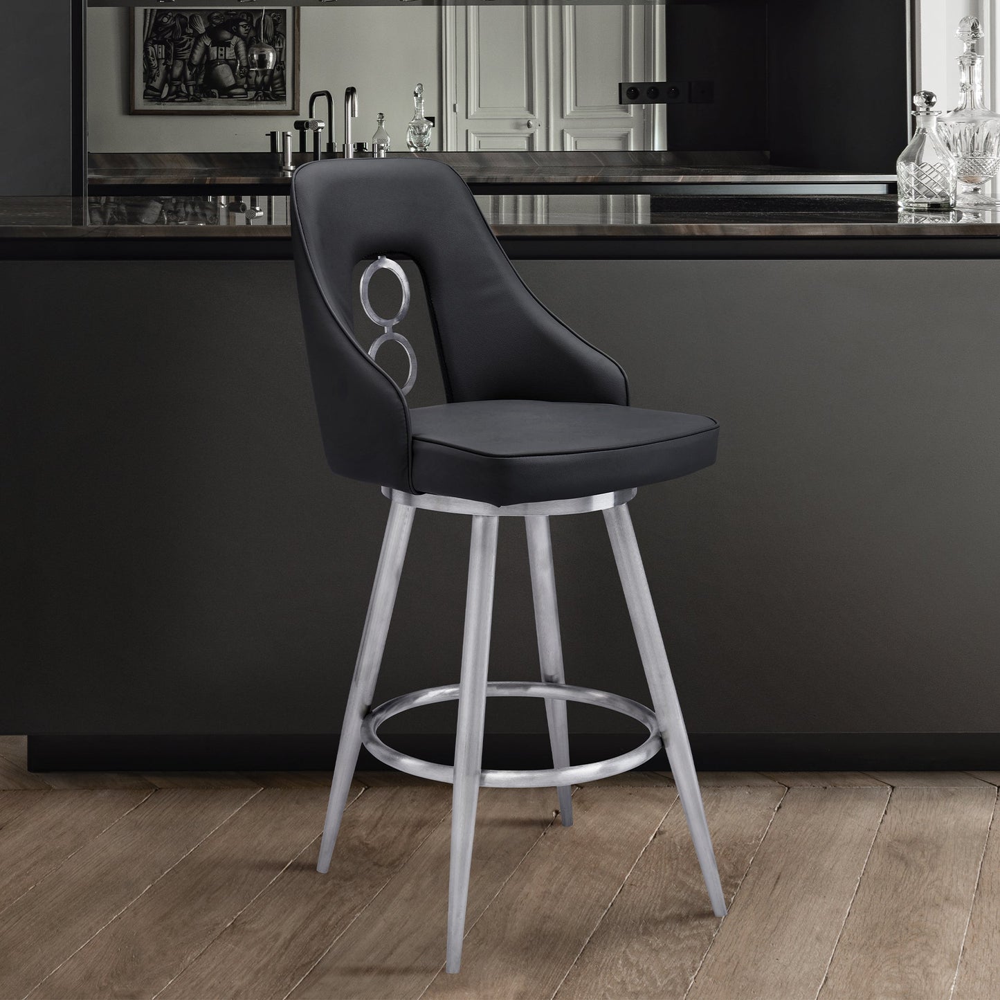 Ruby 26" Counter Height Swivel Black Faux Leather and Brushed Stainless Steel Bar Stool