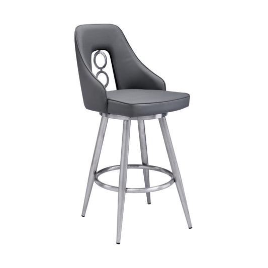 Ruby 26" Counter Height Swivel Gray Faux Leather and Brushed Stainless Steel Bar Stool