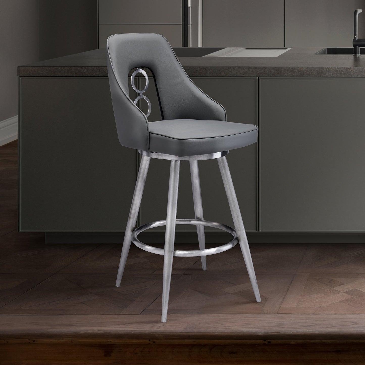 Ruby 26" Counter Height Swivel Gray Faux Leather and Brushed Stainless Steel Bar Stool