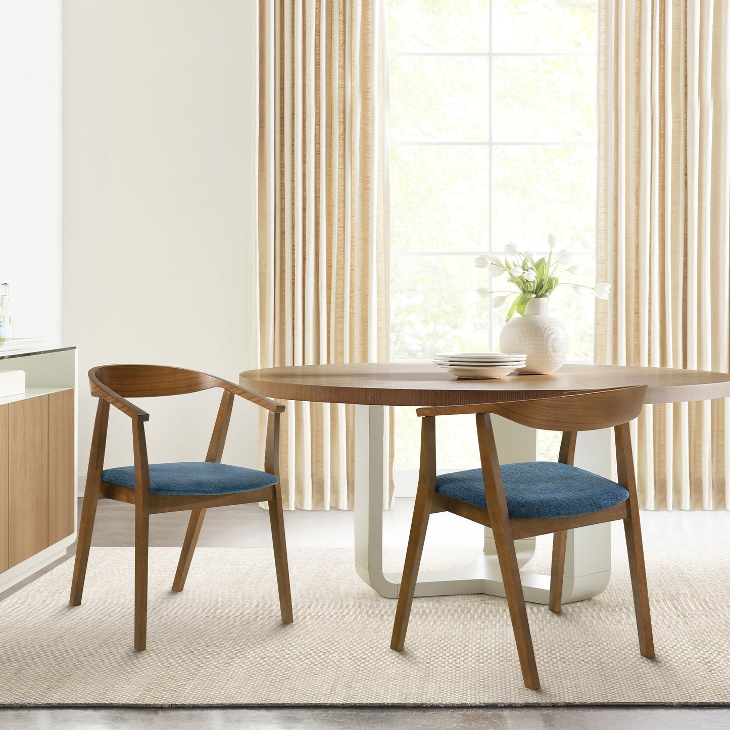 Santana Wood Dining Chair in Walnut Finish with Blue Fabric - Set of 2