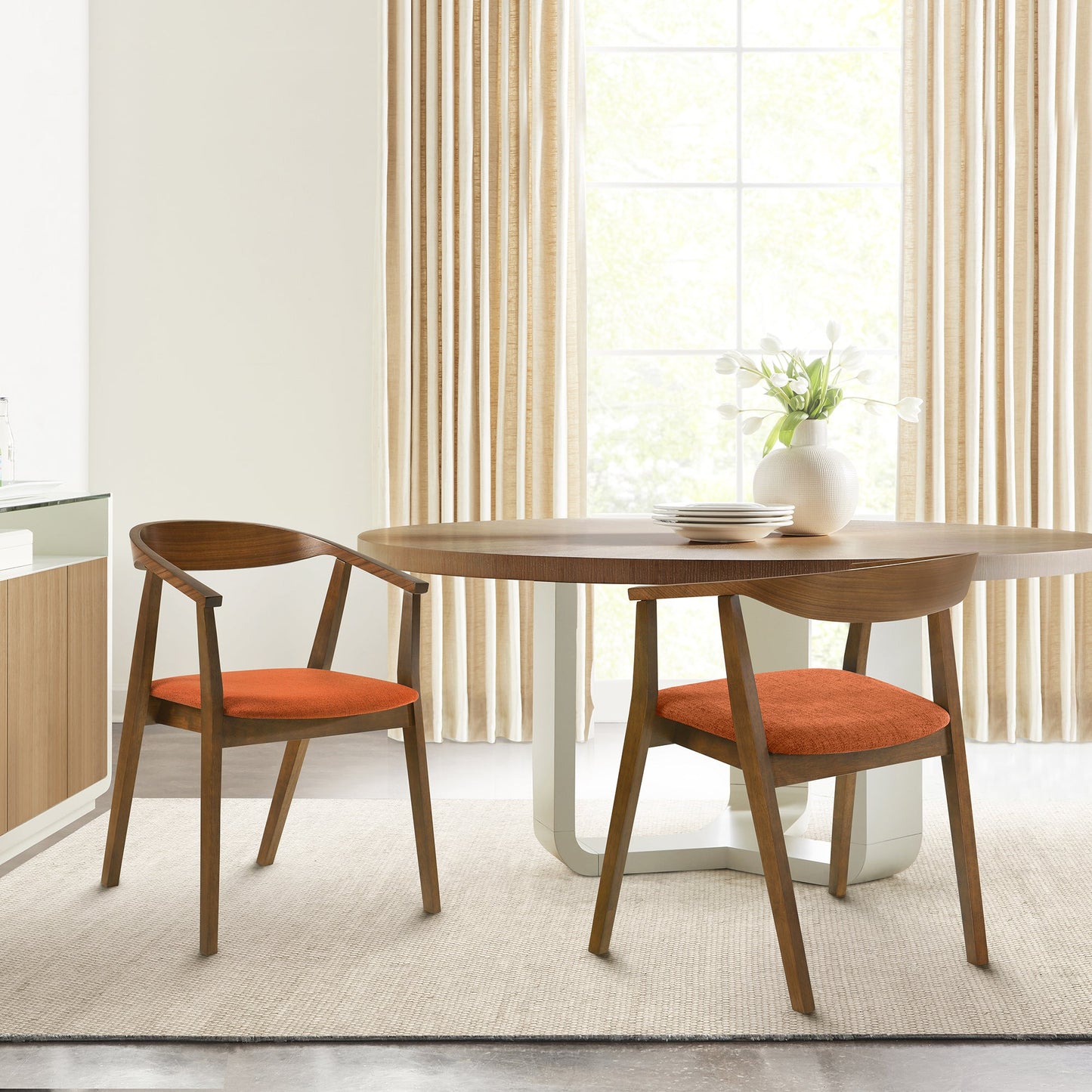 Santana Wood Dining Chair in Walnut Finish with Orange Fabric - Set of 2