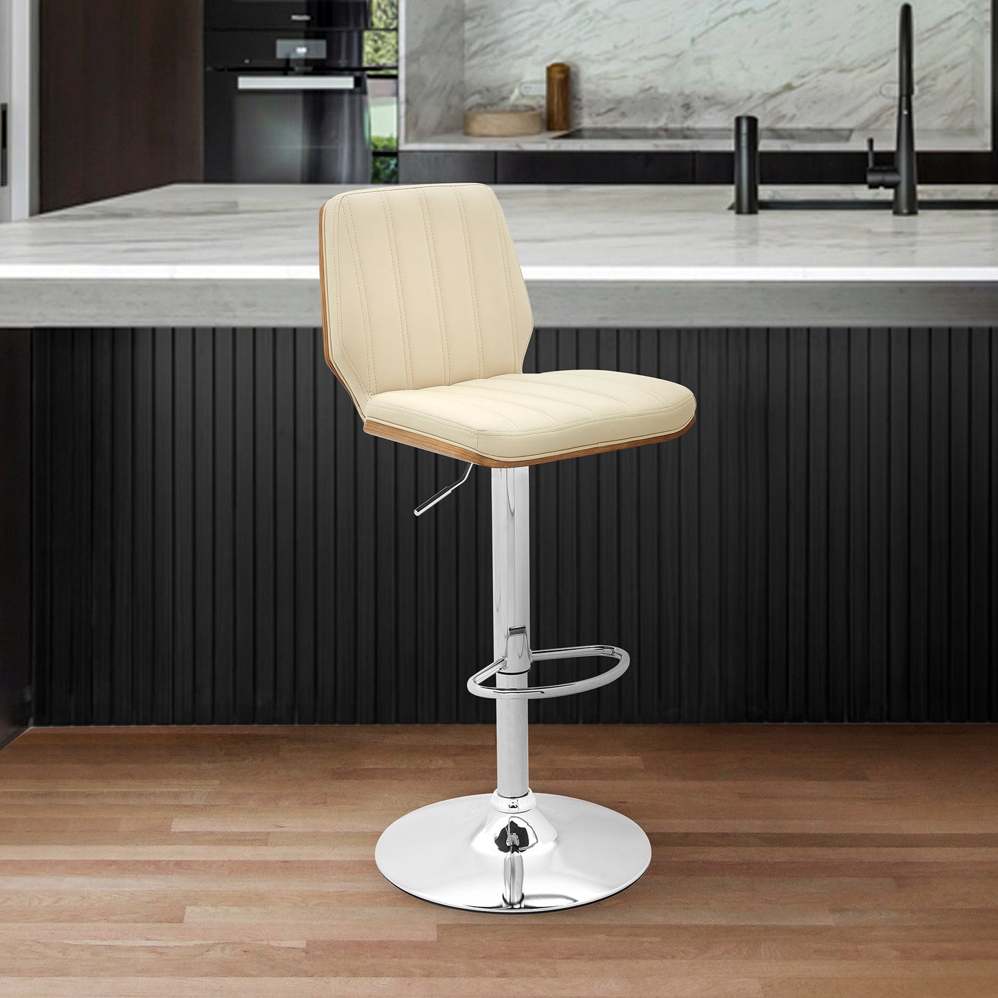 Sabine Adjustable Swivel Cream Faux Leather with Walnut Back and Chrome Bar Stool