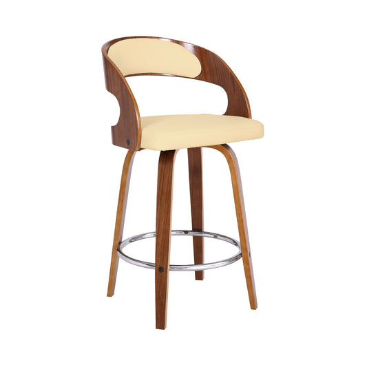 Shelly 26" Counter Height Swivel Cream Faux Leather and Walnut Wood Bar Stool