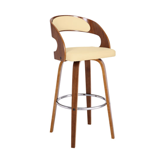 Shelly 30" Bar Height Swivel Cream Faux Leather and Walnut Wood Bar Stool