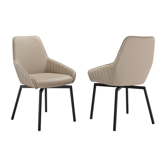 Shilo Swivel Upholstered Dining Chair in Champagne Faux Leather with Black Metal Legs - Set of 2