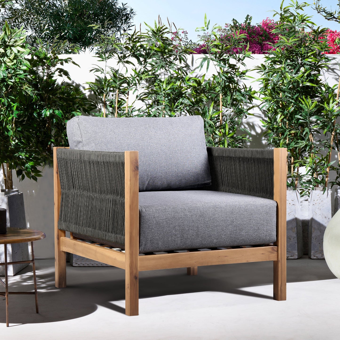 Sienna Outdoor Eucalyptus Lounge Chair in Teak Finish with Gray Cushions