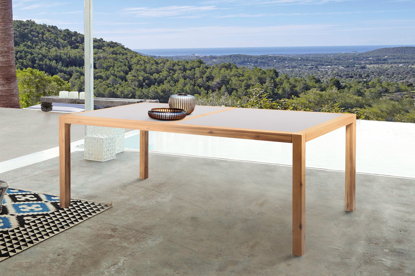 Sienna Outdoor Eucalyptus Dining Table with Gray Teak Finish and Super Stone Top