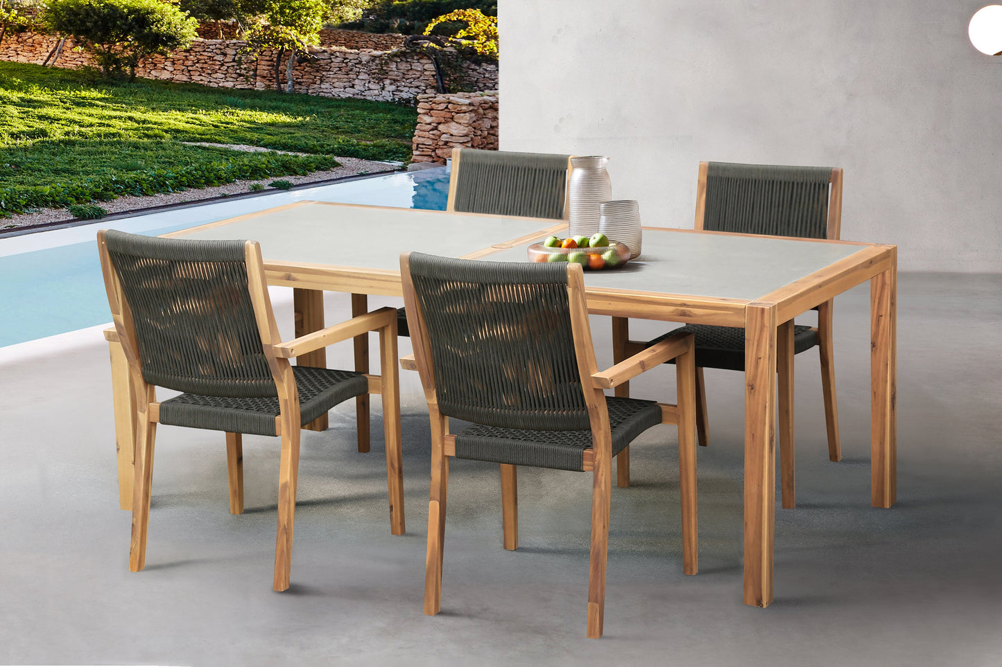 Sienna Outdoor Eucalyptus Dining Table with Teak Finish and Gray Super Stone Top