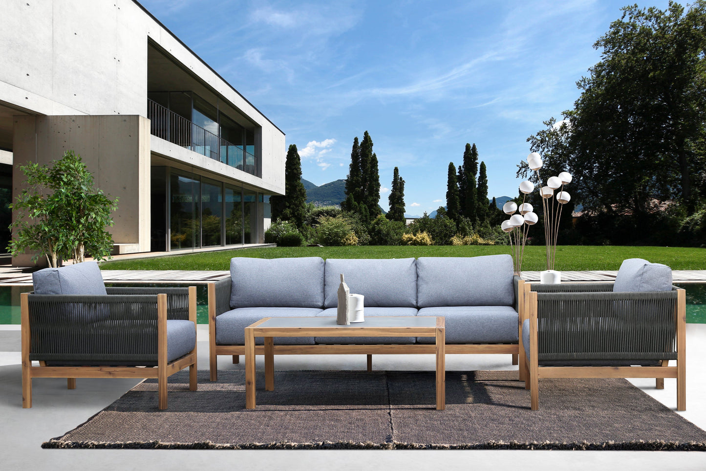 Sienna Outdoor Eucalyptus Sofa in Teak Finish with Gray Cushions