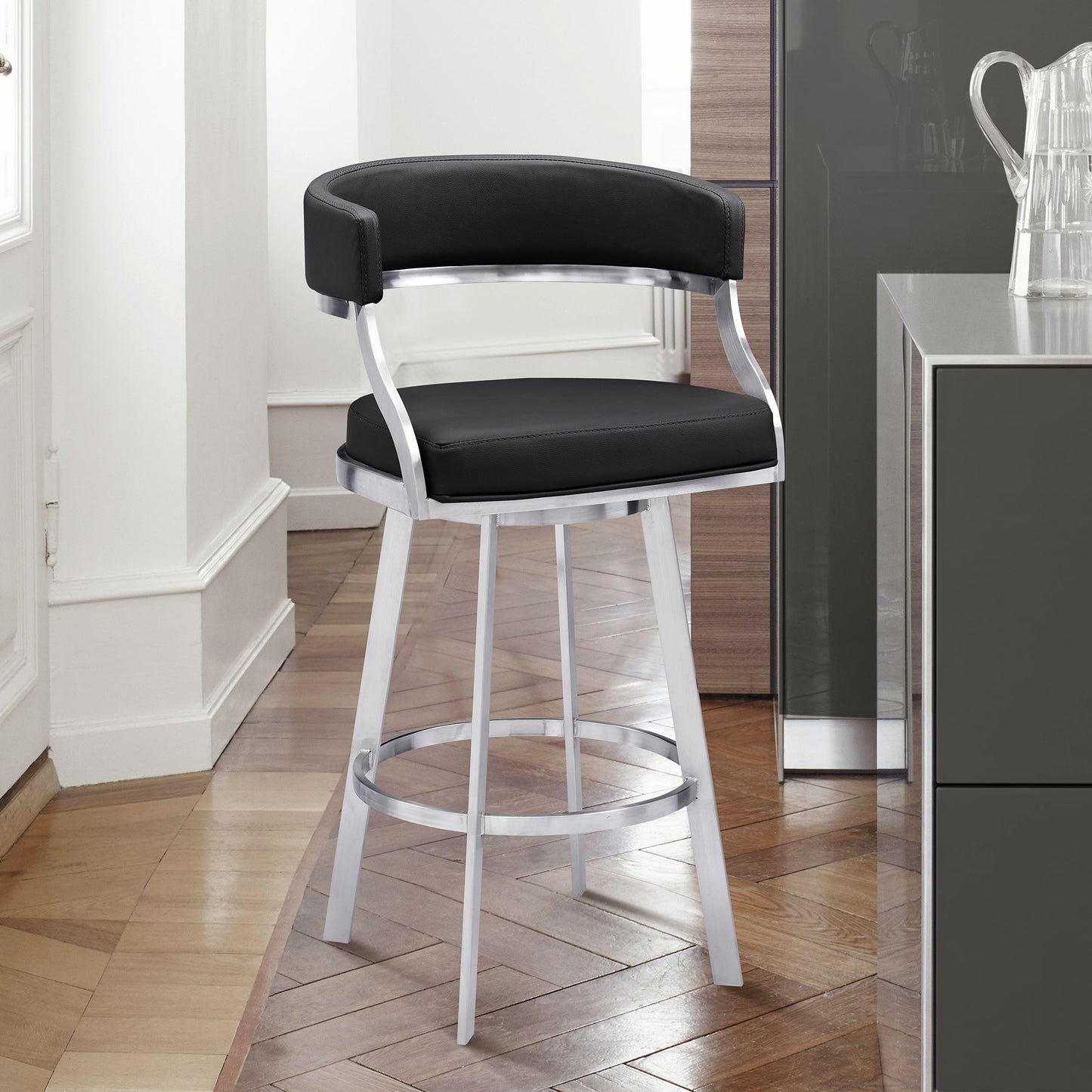 Saturn 26" Counter Height Swivel Black Faux Leather and Brushed Stainless Steel Bar Stool