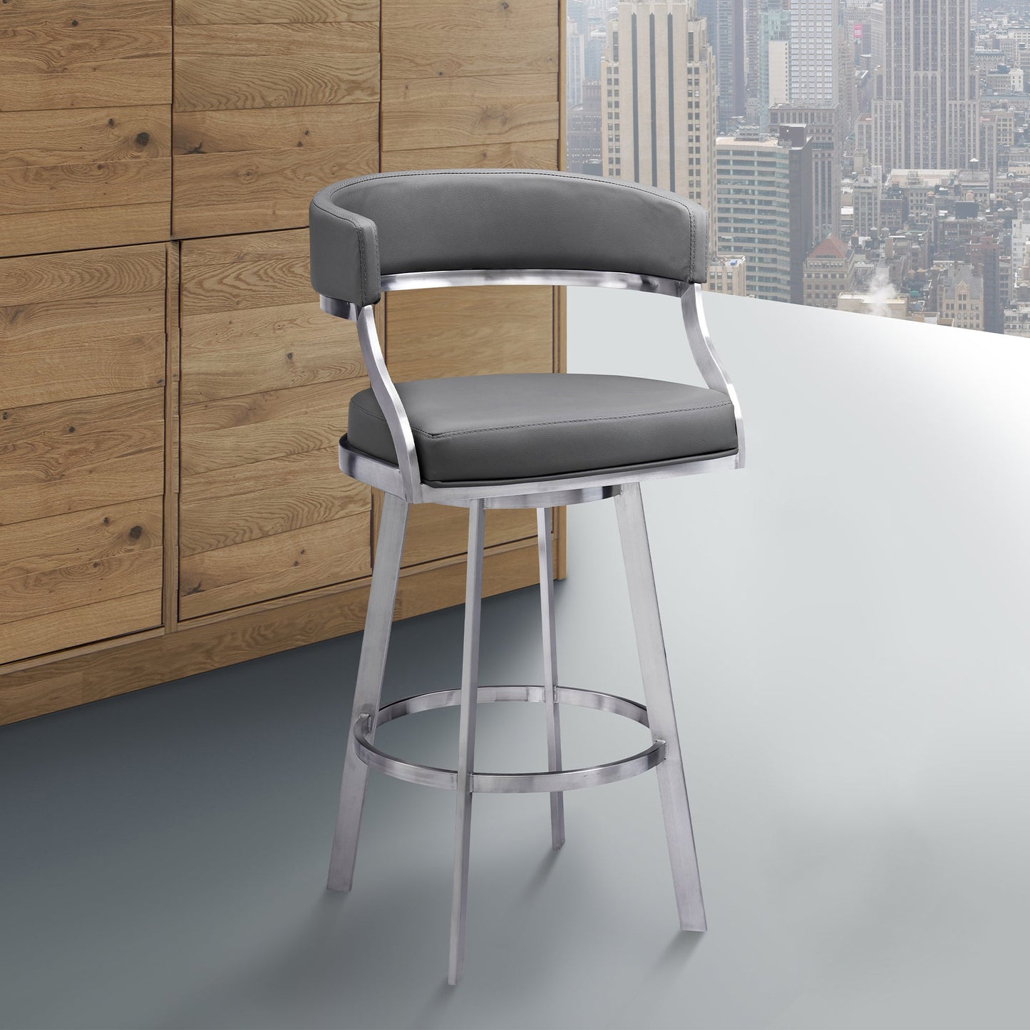 Saturn 26" Counter Height Swivel Gray Faux Leather and Brushed Stainless Steel Bar Stool