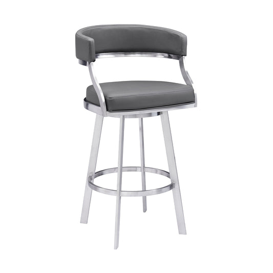 Saturn 30" Bar Height Swivel Gray Faux Leather and Brushed Stainless Steel Bar Stool