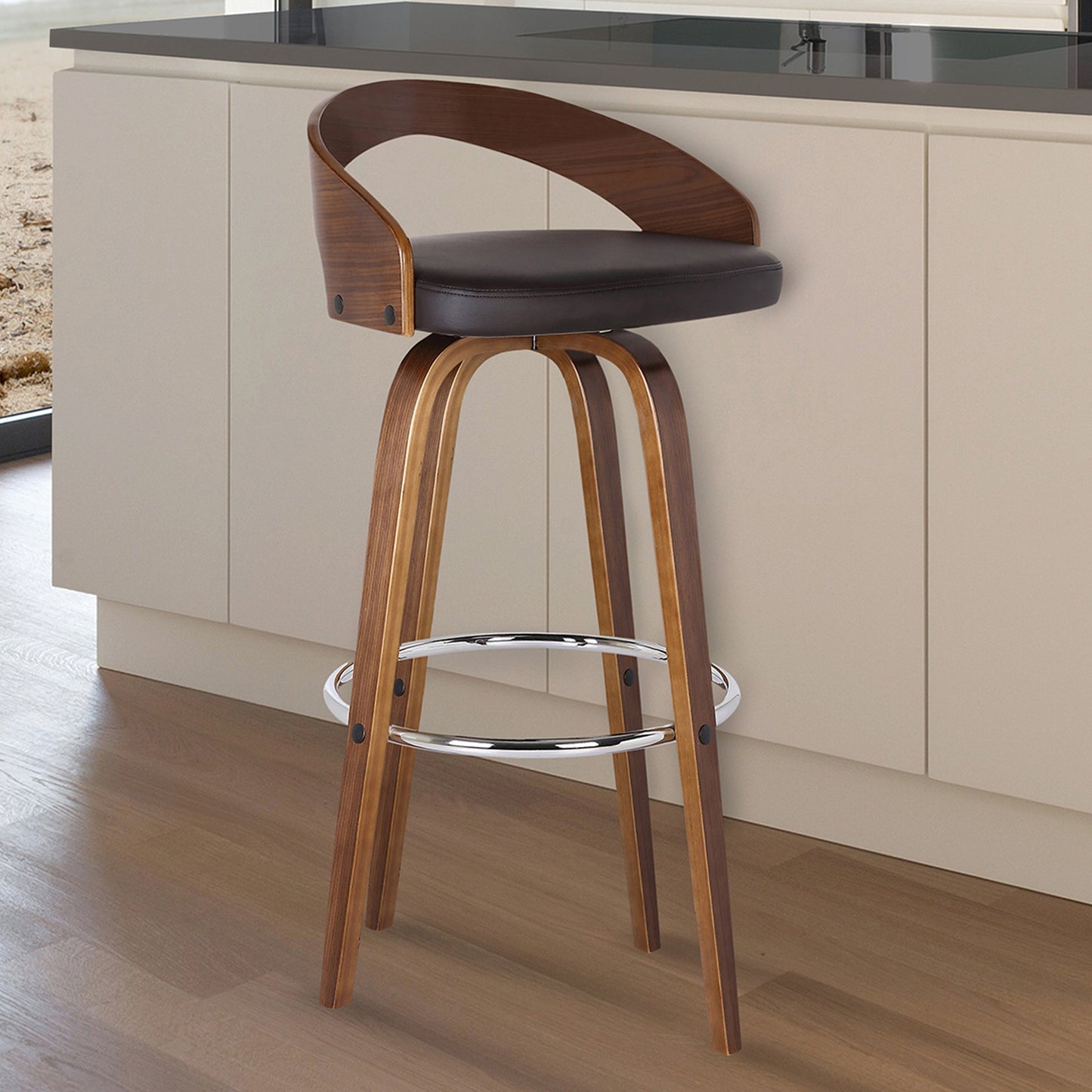 Sonia 26" Counter Height Swivel Brown Faux Leather and Walnut Wood Bar Stool