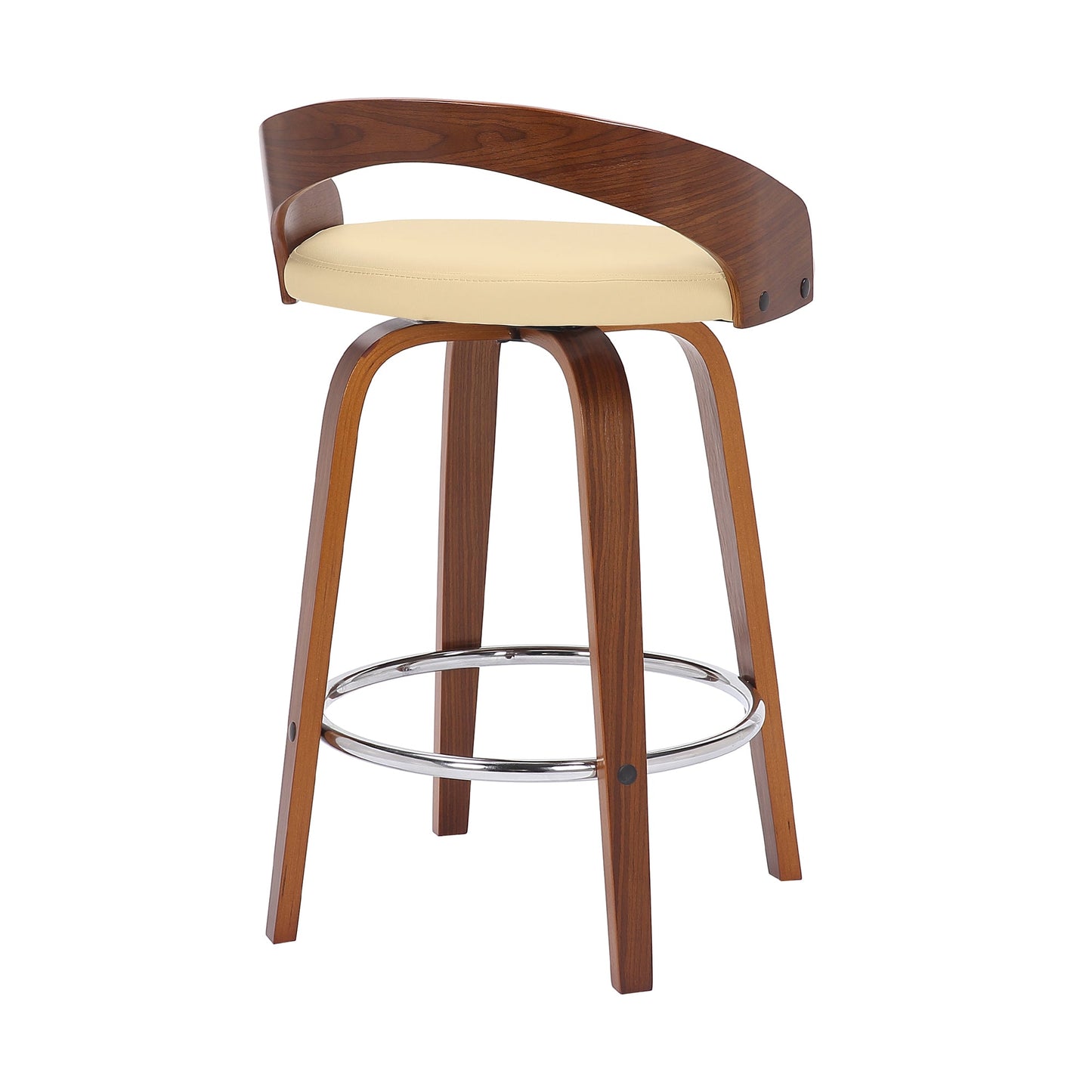 Sonia 26" Counter Height Swivel Cream Faux Leather and Walnut Wood Bar Stool