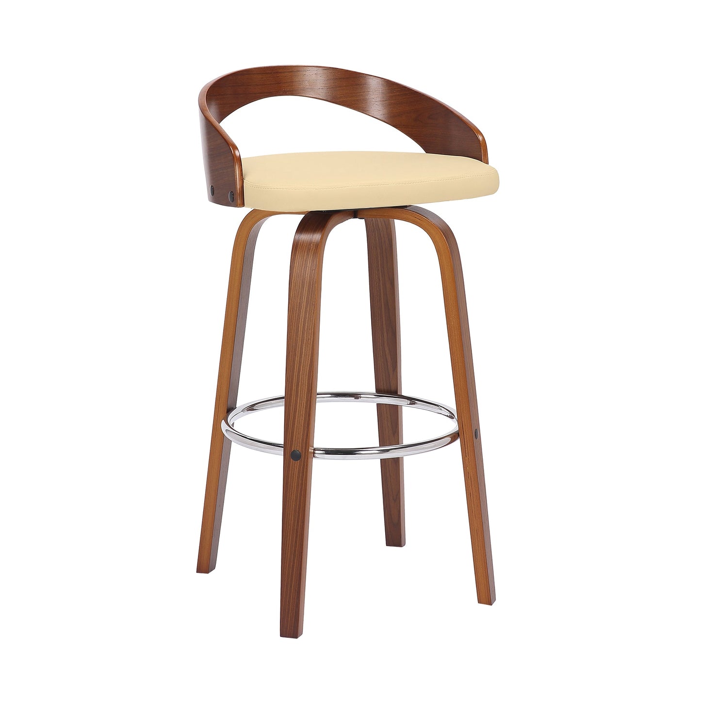 Sonia 30" Bar Height Swivel Cream Faux Leather and Walnut Wood Bar Stool