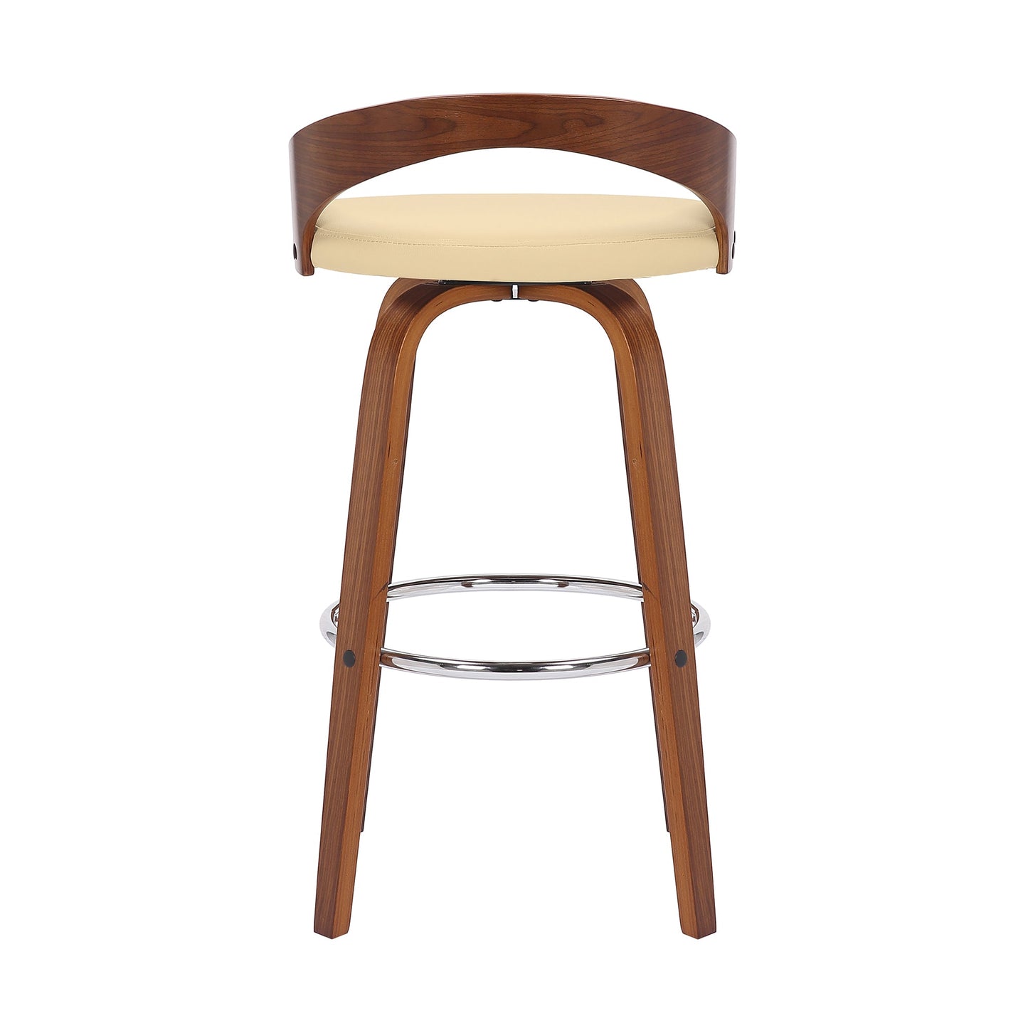 Sonia 30" Bar Height Swivel Cream Faux Leather and Walnut Wood Bar Stool