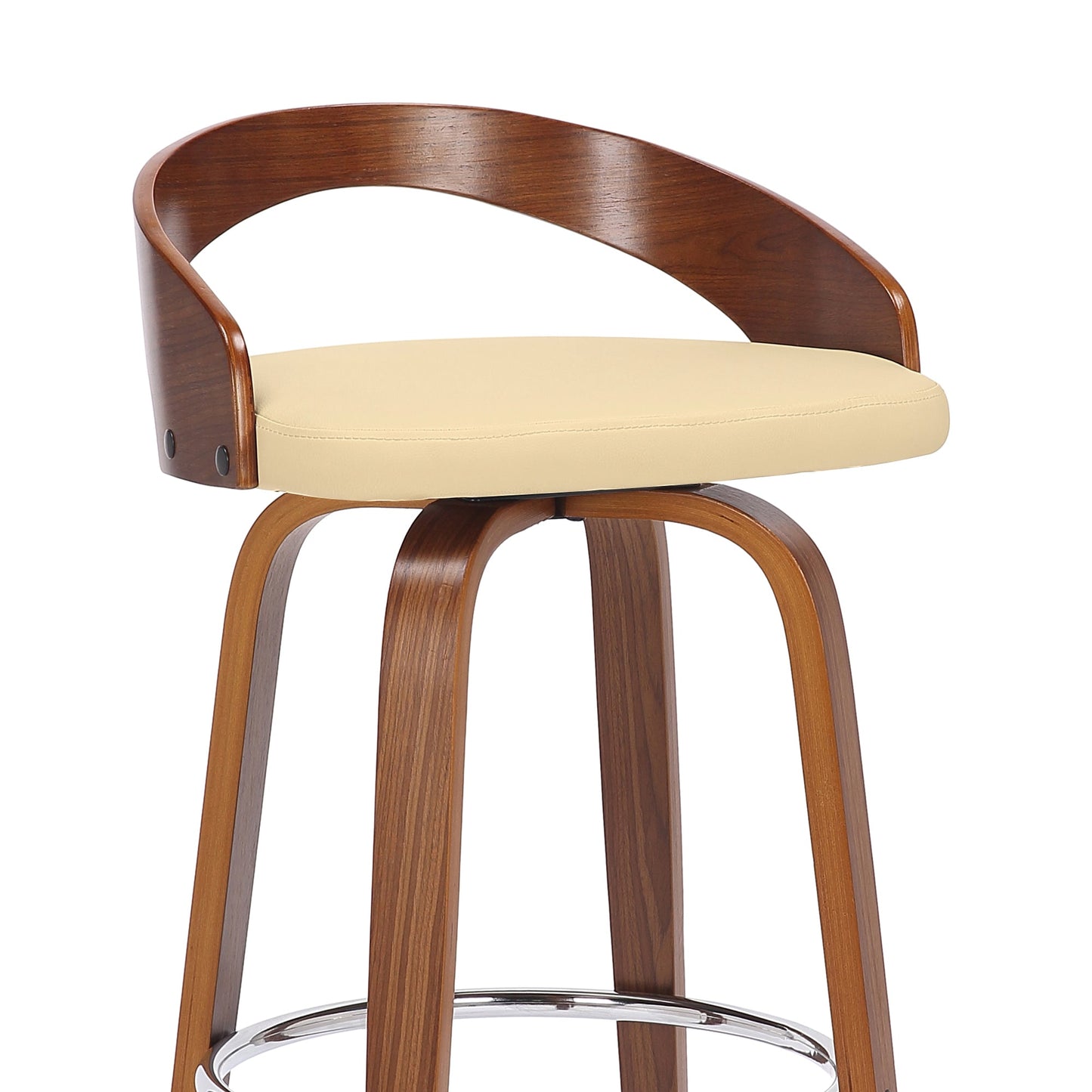 Sonia 30" Bar Height Swivel Cream Faux Leather and Walnut Wood Bar Stool