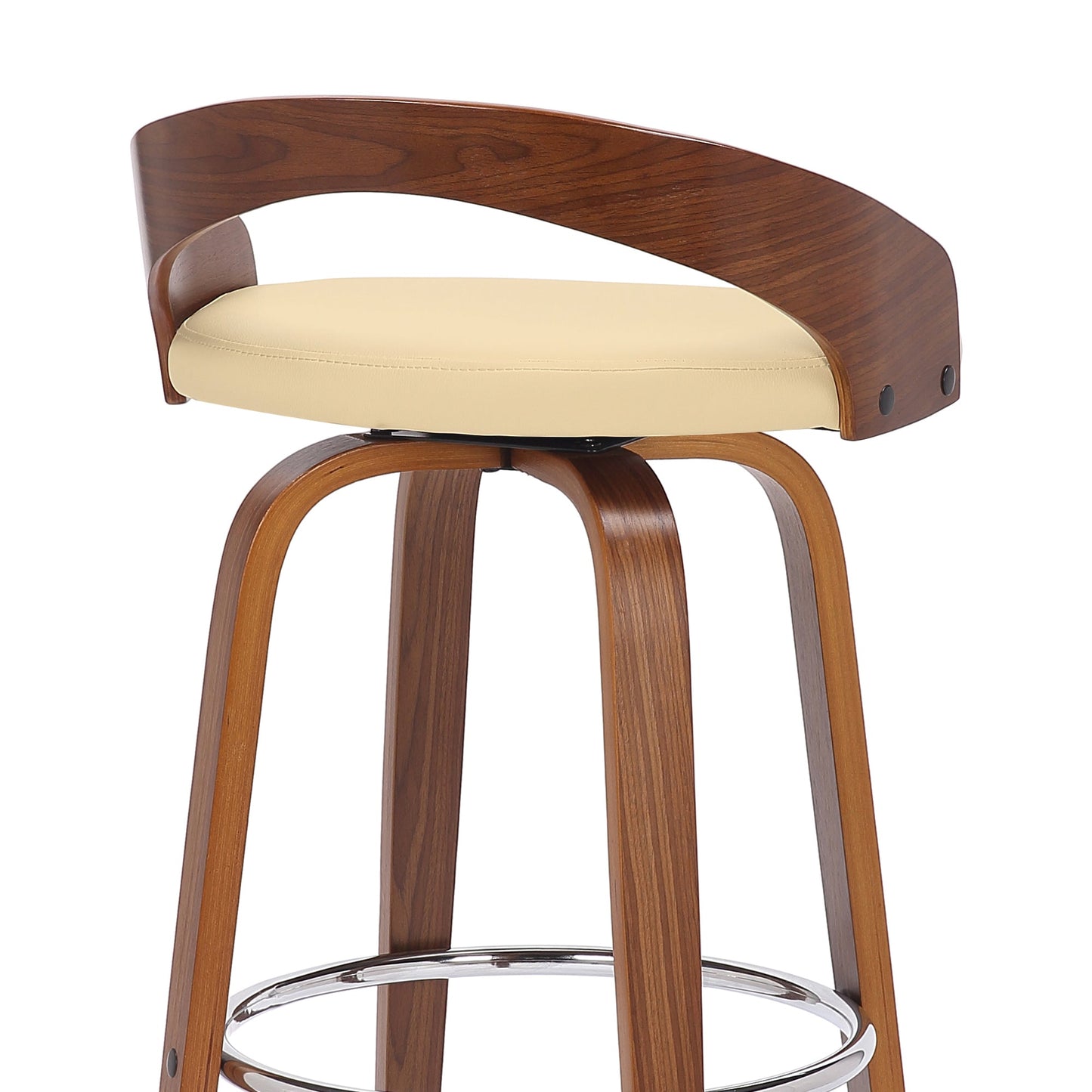 Sonia 30" Bar Height Swivel Cream Faux Leather and Walnut Wood Bar Stool