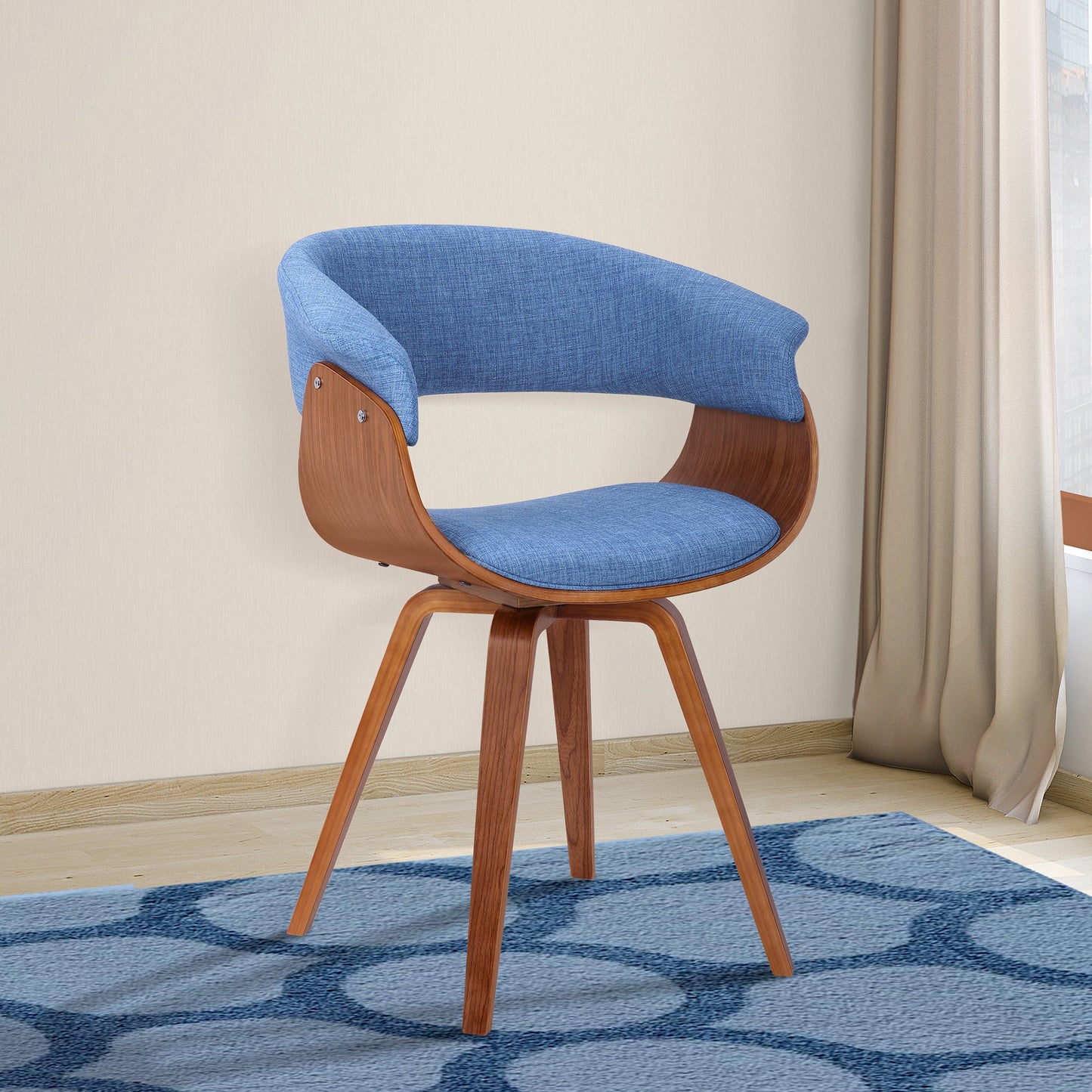 Summer Mid-Century Chair in Blue Fabric with Walnut Wood Finish