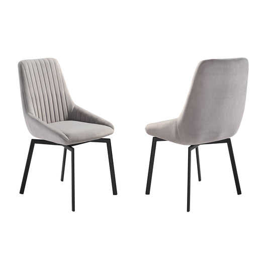 Susie Swivel Upholstered Dining Chair in Gray Fabric with Black Metal Legs - Set of 2