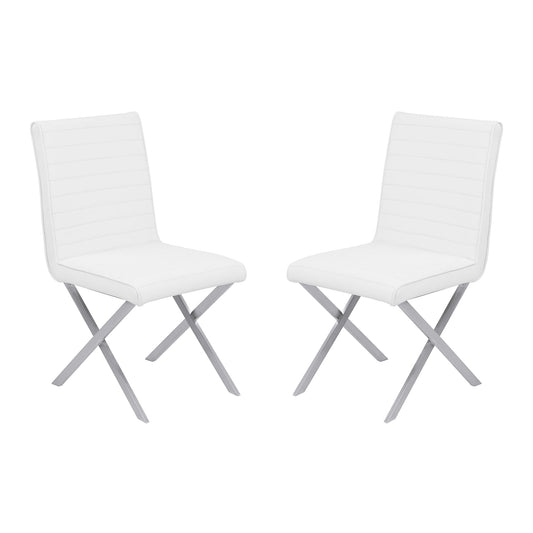 Tempe Contemporary Dining Chair in White Faux Leather with Brushed Stainless Steel Finish - Set of 2