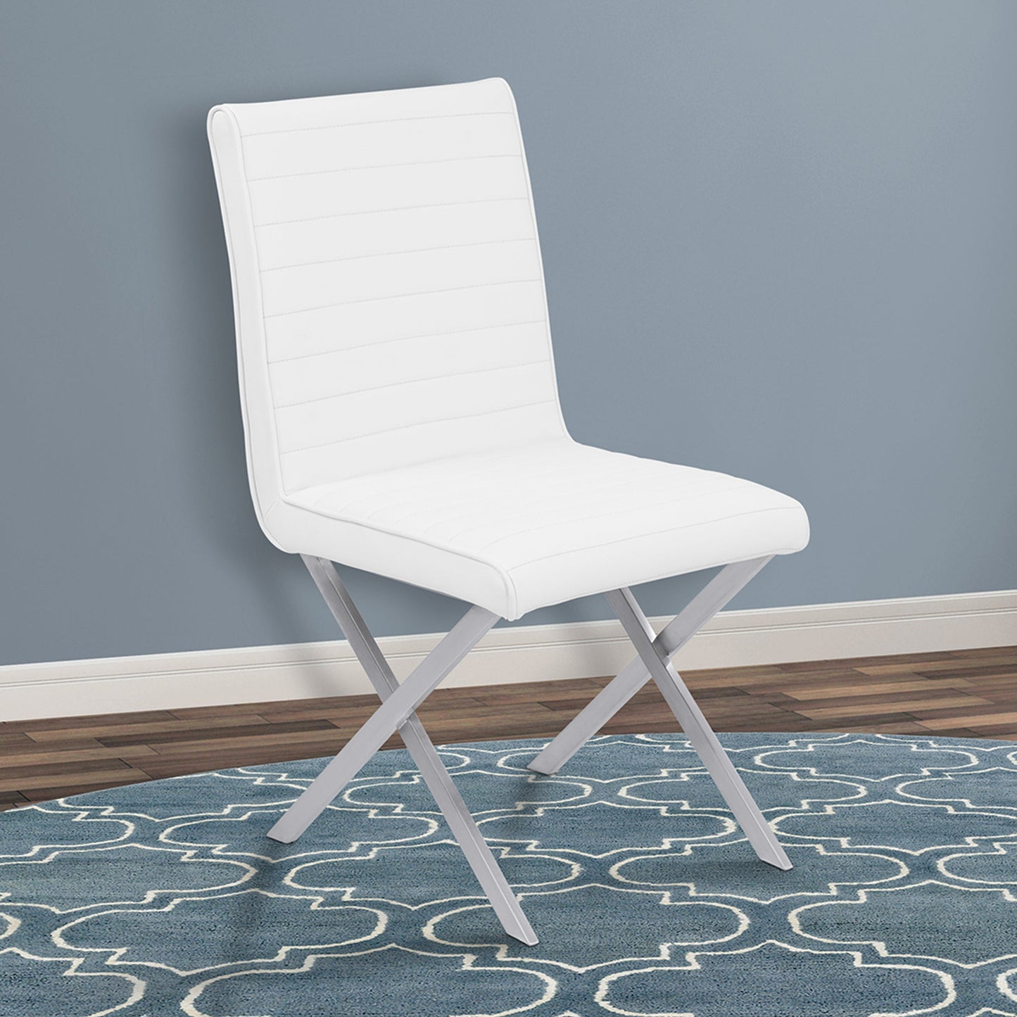 Tempe Contemporary Dining Chair in White Faux Leather with Brushed Stainless Steel Finish - Set of 2