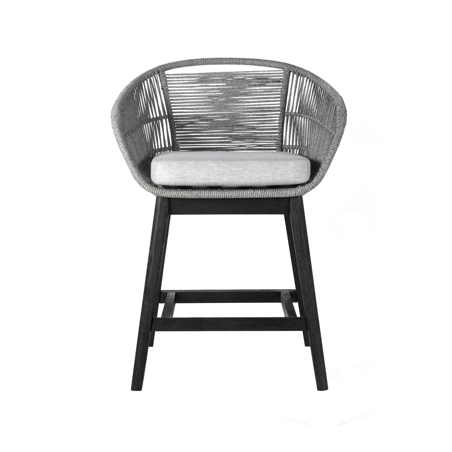 Tutti Frutti Indoor Outdoor Counter Height Bar Stool in Black Brushed Eucalyptus Wood with Gray Rope