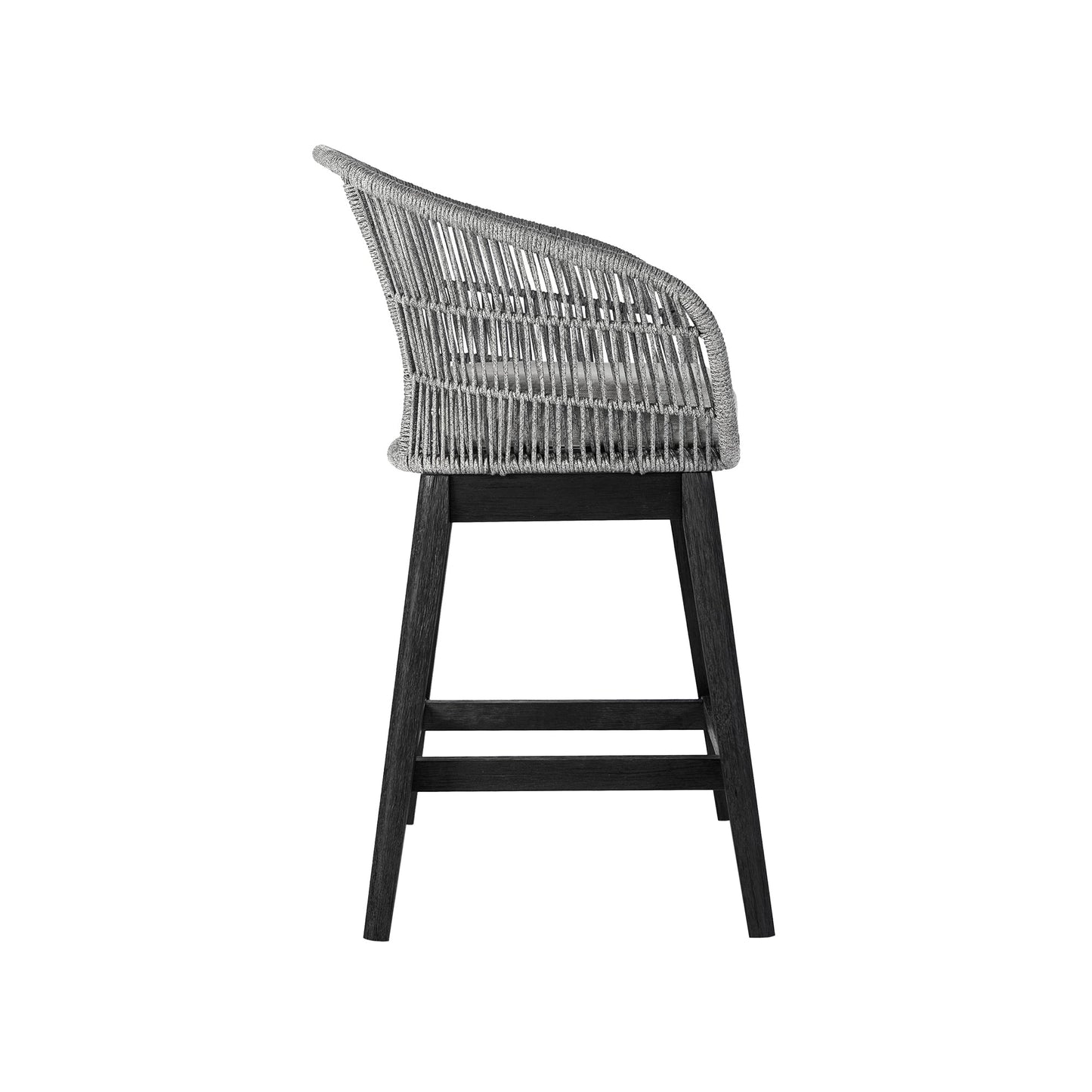 Tutti Frutti Indoor Outdoor Counter Height Bar Stool in Black Brushed Eucalyptus Wood with Gray Rope