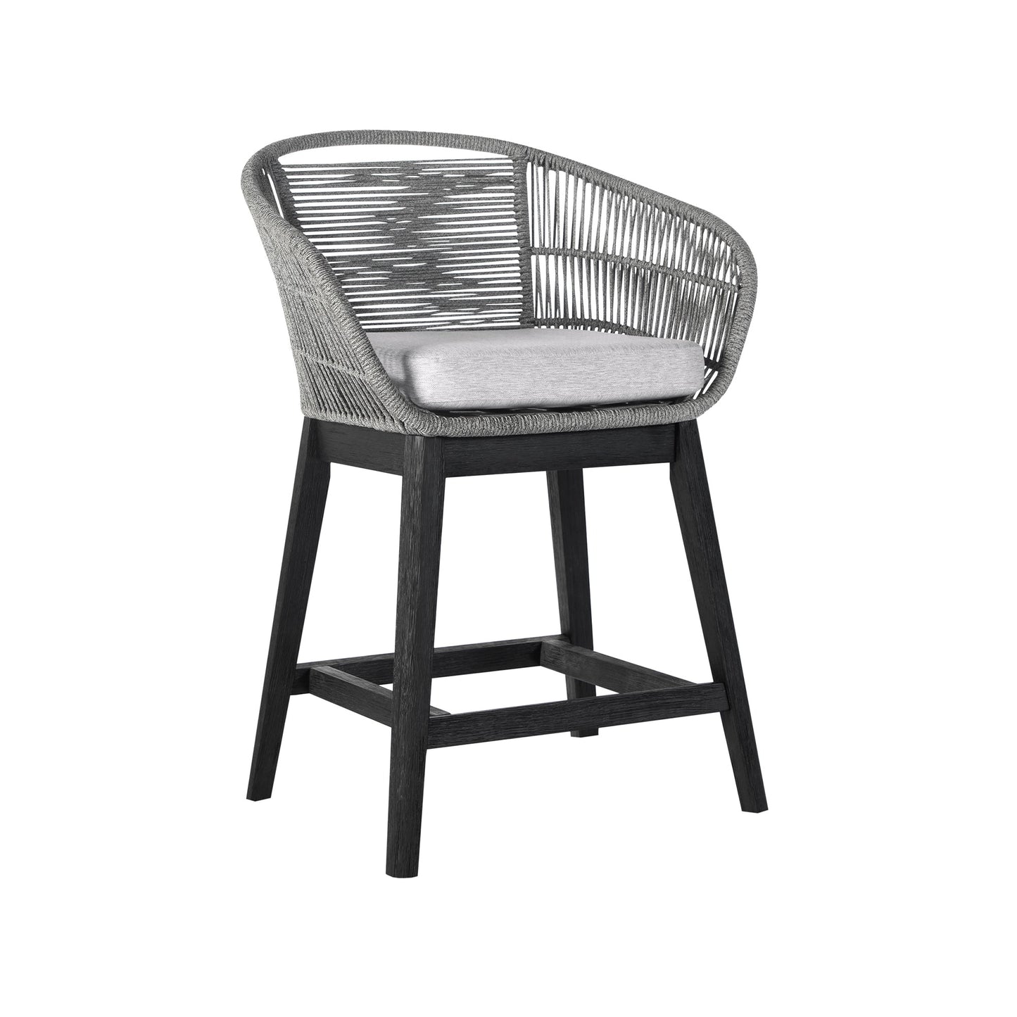 Tutti Frutti Indoor Outdoor Counter Height Bar Stool in Black Brushed Eucalyptus Wood with Gray Rope