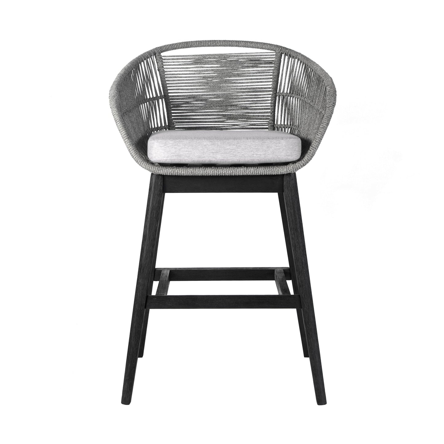 Tutti Frutti Indoor Outdoor Bar Height Bar Stool in Black Brushed Eucalyptus Wood with Gray Rope