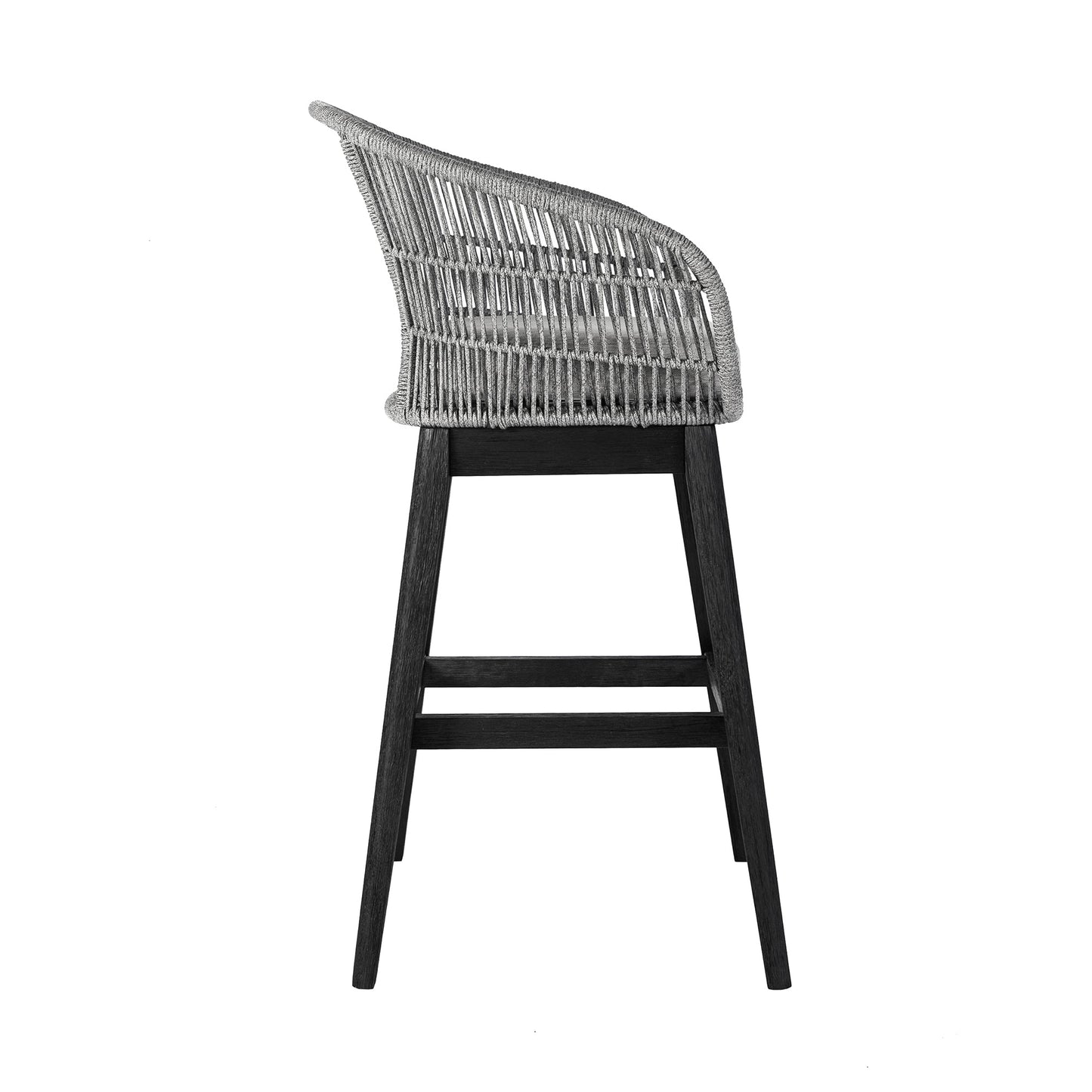 Tutti Frutti Indoor Outdoor Bar Height Bar Stool in Black Brushed Eucalyptus Wood with Gray Rope