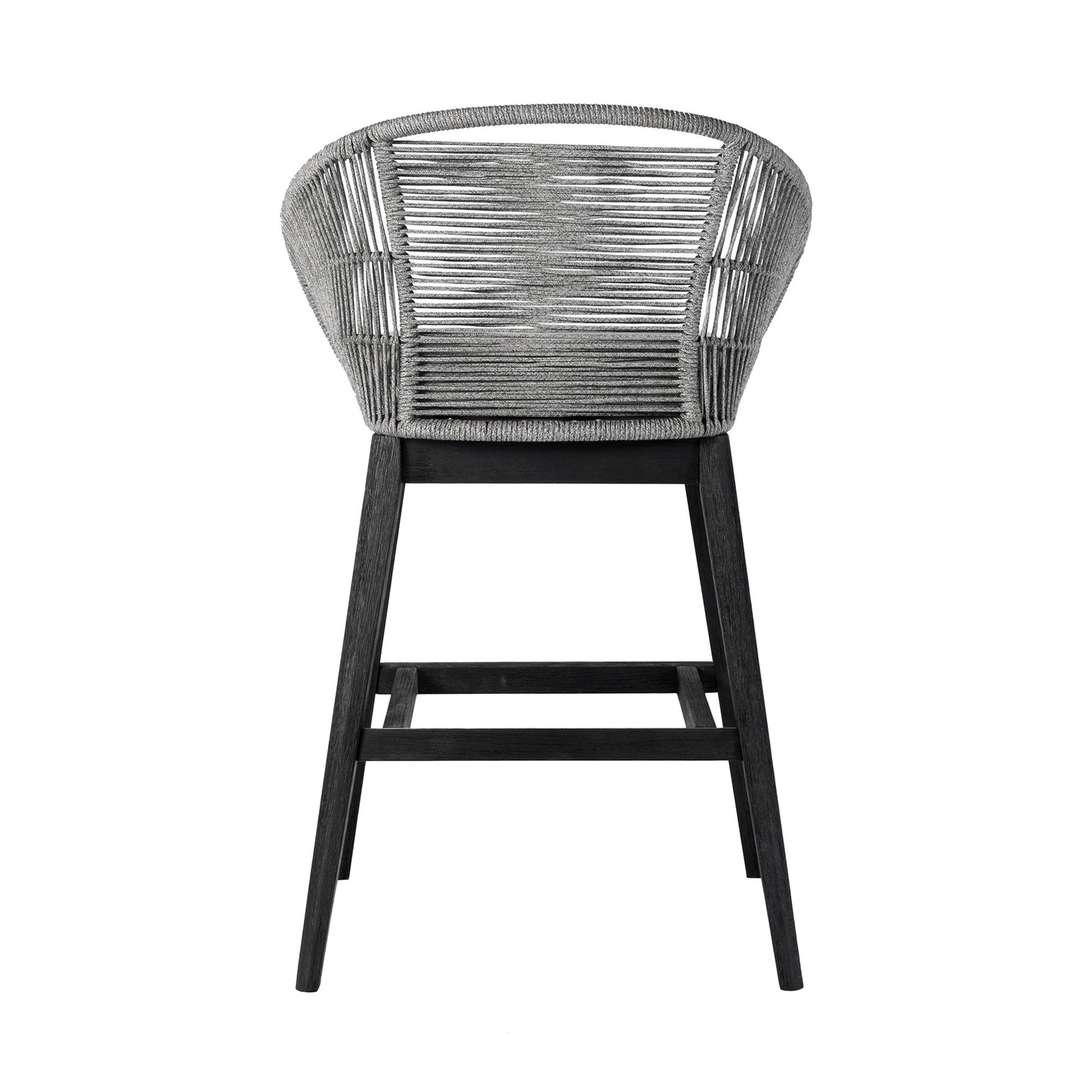 Tutti Frutti Indoor Outdoor Bar Height Bar Stool in Black Brushed Eucalyptus Wood with Gray Rope