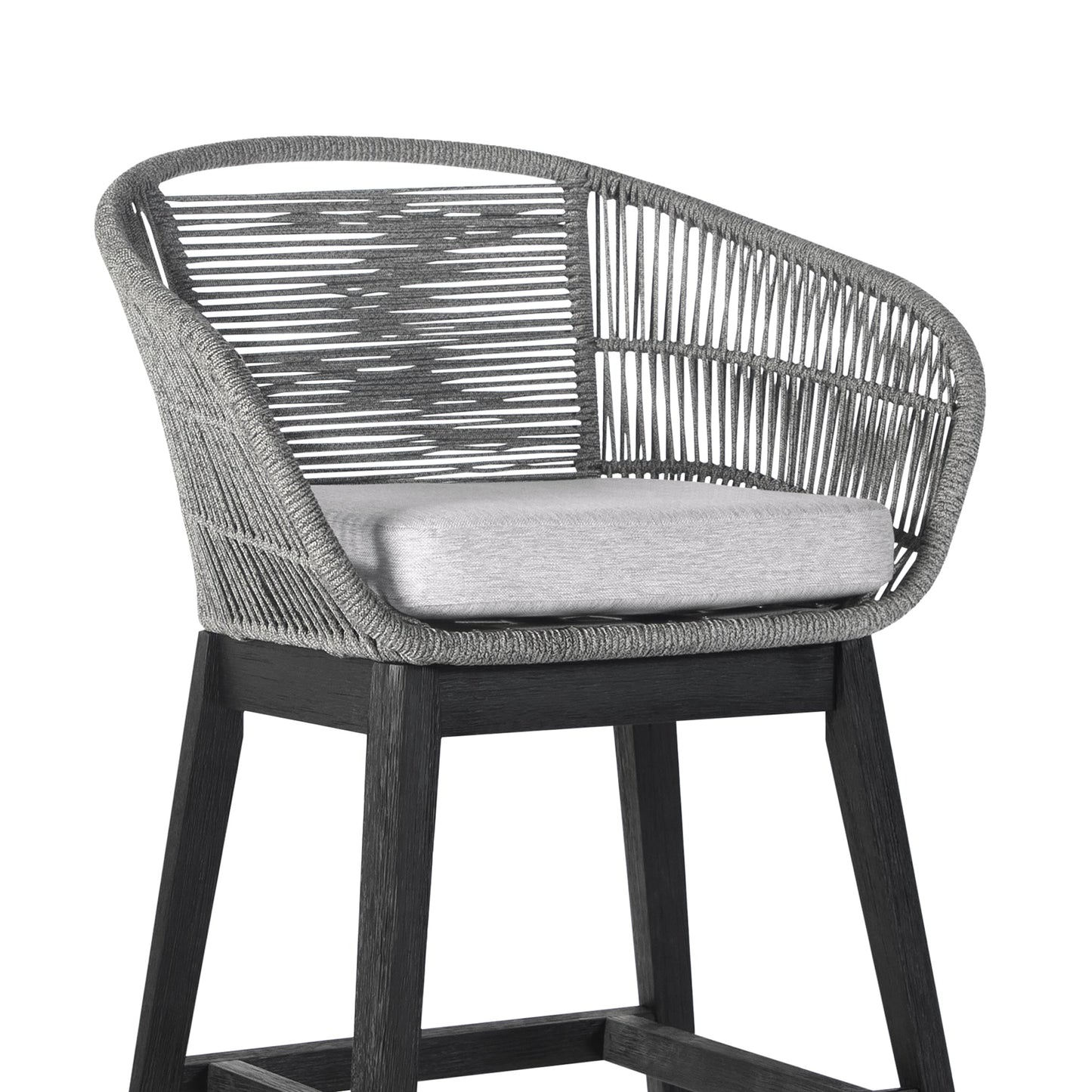 Tutti Frutti Indoor Outdoor Bar Height Bar Stool in Black Brushed Eucalyptus Wood with Gray Rope