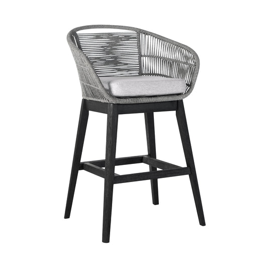 Tutti Frutti Indoor Outdoor Bar Height Bar Stool in Black Brushed Eucalyptus Wood with Gray Rope