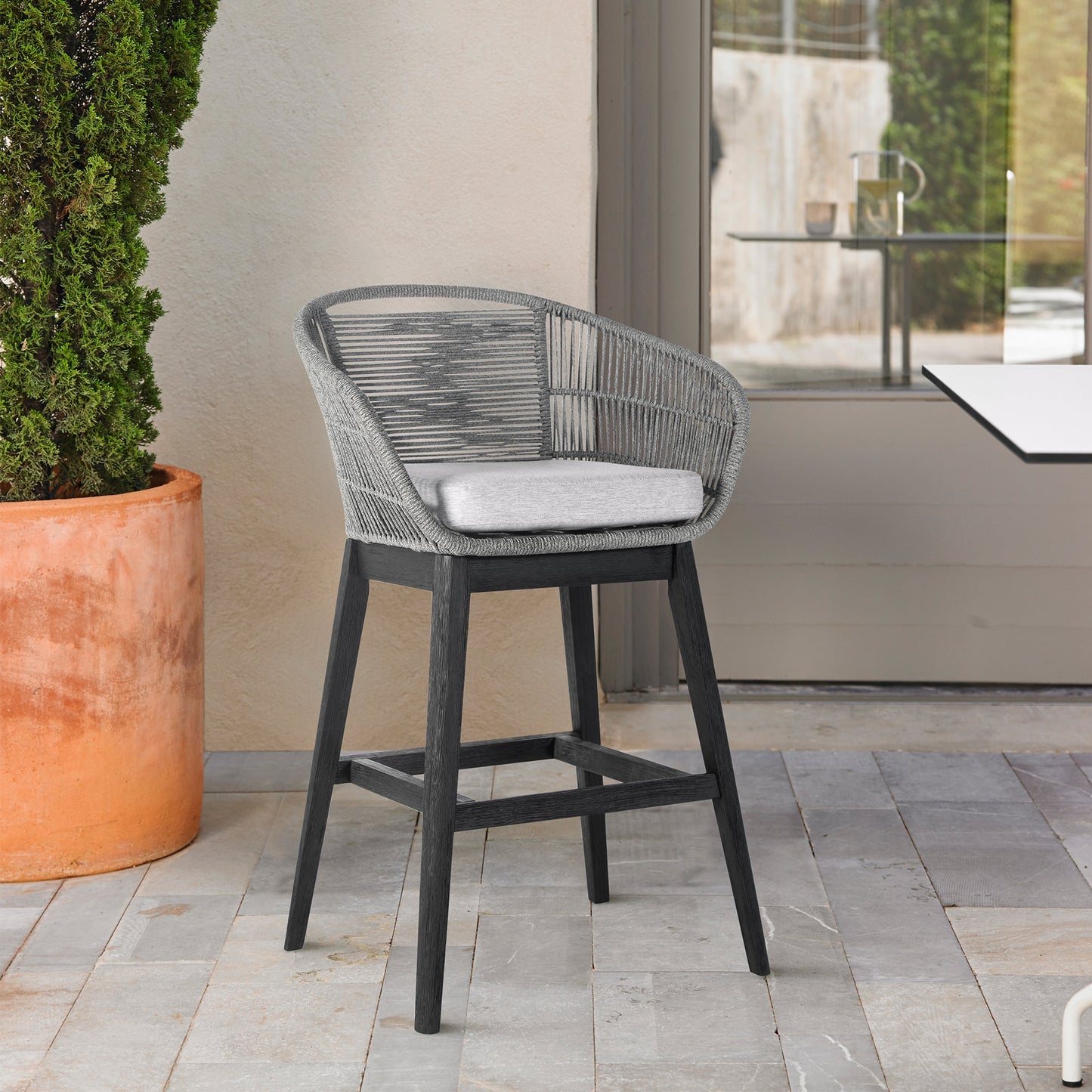 Tutti Frutti Indoor Outdoor Bar Height Bar Stool in Black Brushed Eucalyptus Wood with Gray Rope