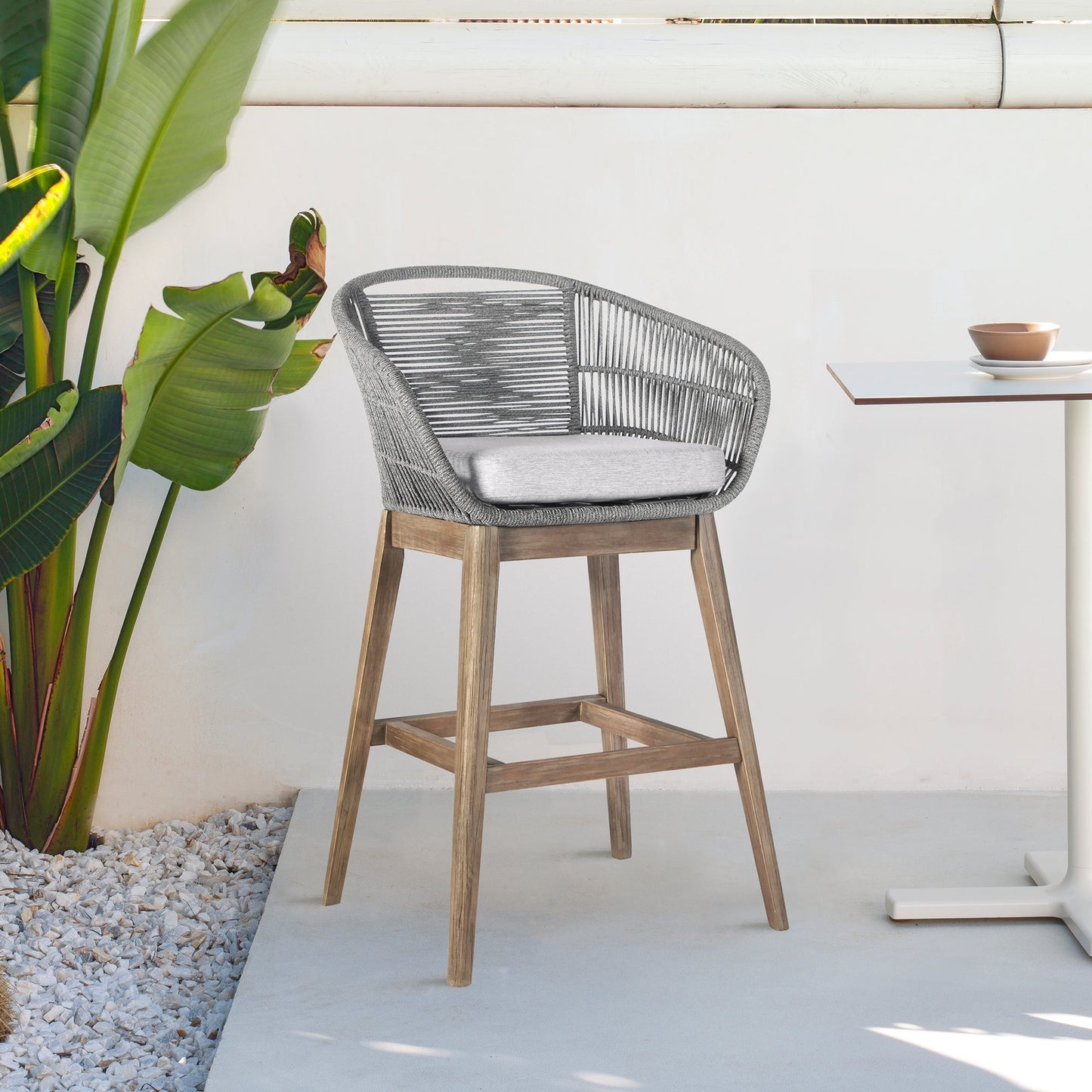 Tutti Frutti Indoor Outdoor Counter Height Bar Stool in Light Eucalyptus Wood with Gray Rope