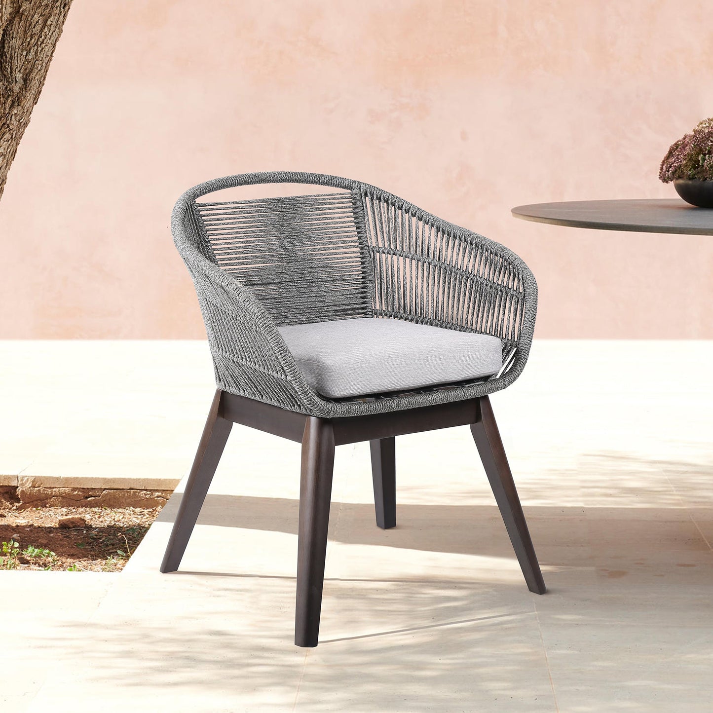 Tutti Frutti Indoor Outdoor Dining Chair in Dark Eucalyptus Wood with Gray Rope and Gray Cushion