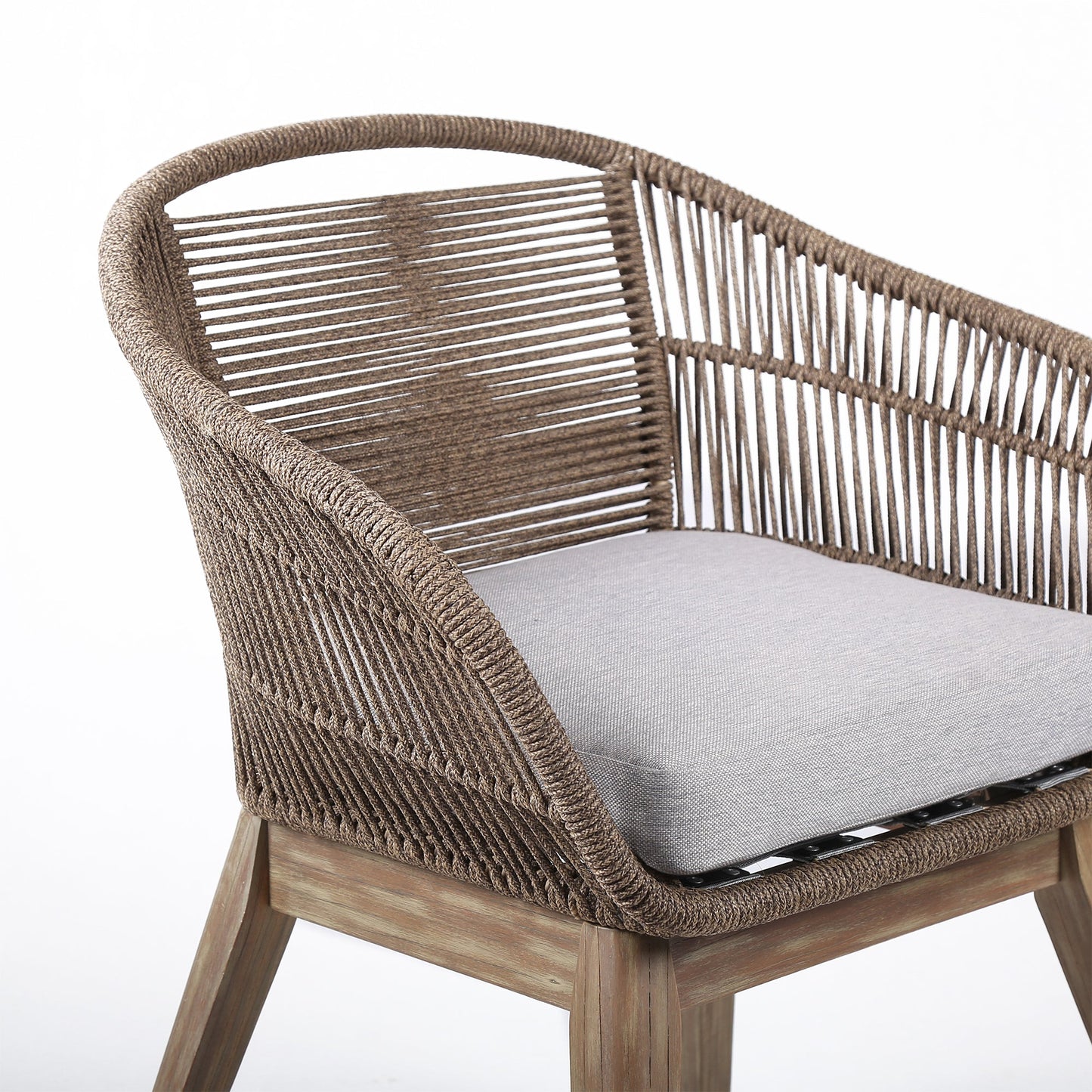 Tutti Frutti Indoor Outdoor Dining Chair in Light Eucalyptus Wood with Truffle Rope and Gray Cushion