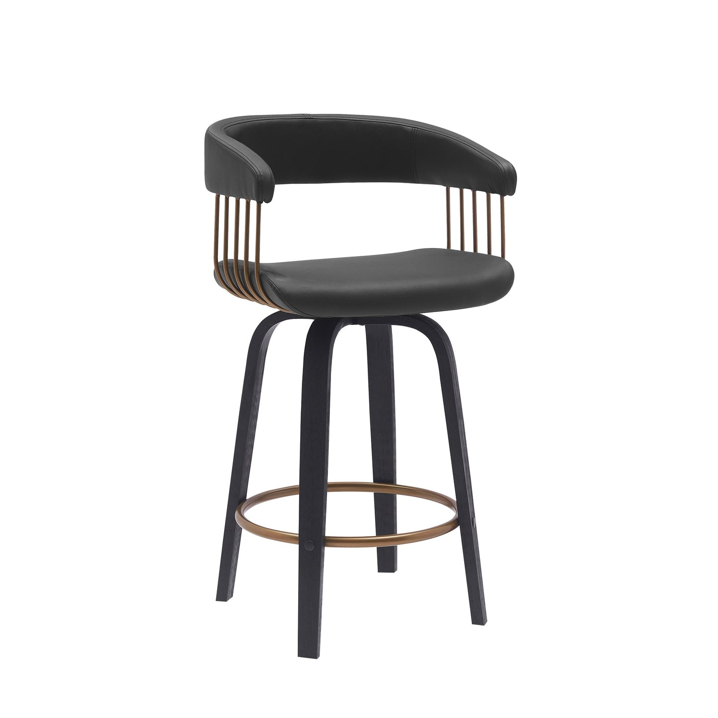 Topanga 26" Swivel Black Wood Counter Stool in Black Faux Leather with Golden Bronze Metal