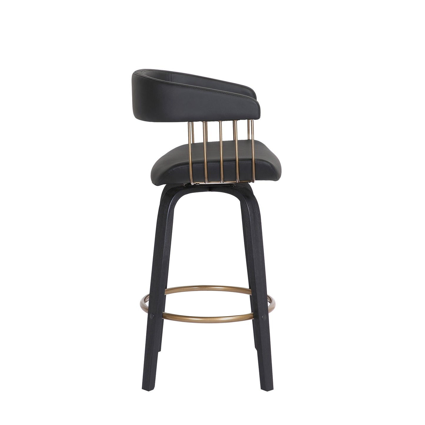 Topanga 26" Swivel Black Wood Counter Stool in Black Faux Leather with Golden Bronze Metal