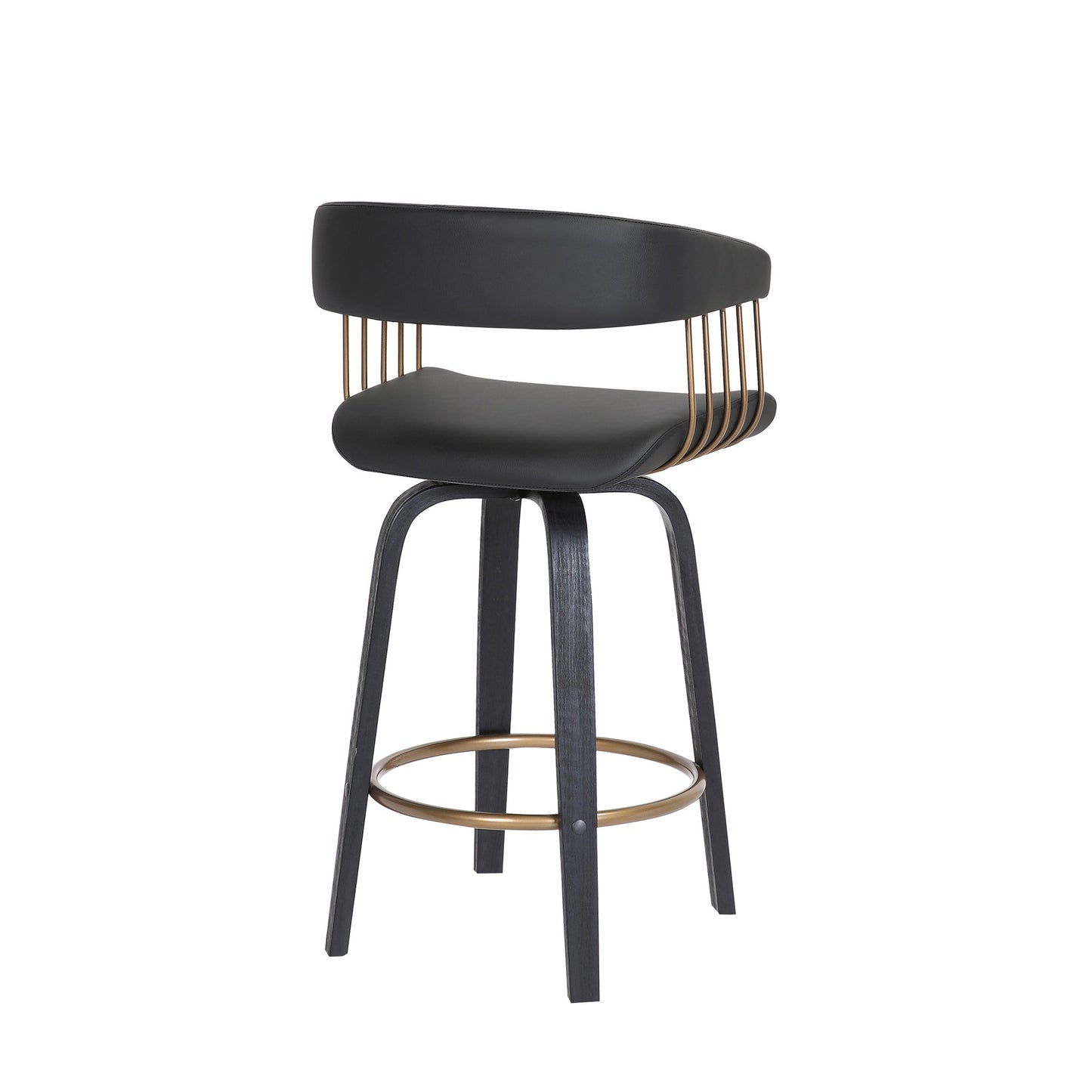 Topanga 26" Swivel Black Wood Counter Stool in Black Faux Leather with Golden Bronze Metal